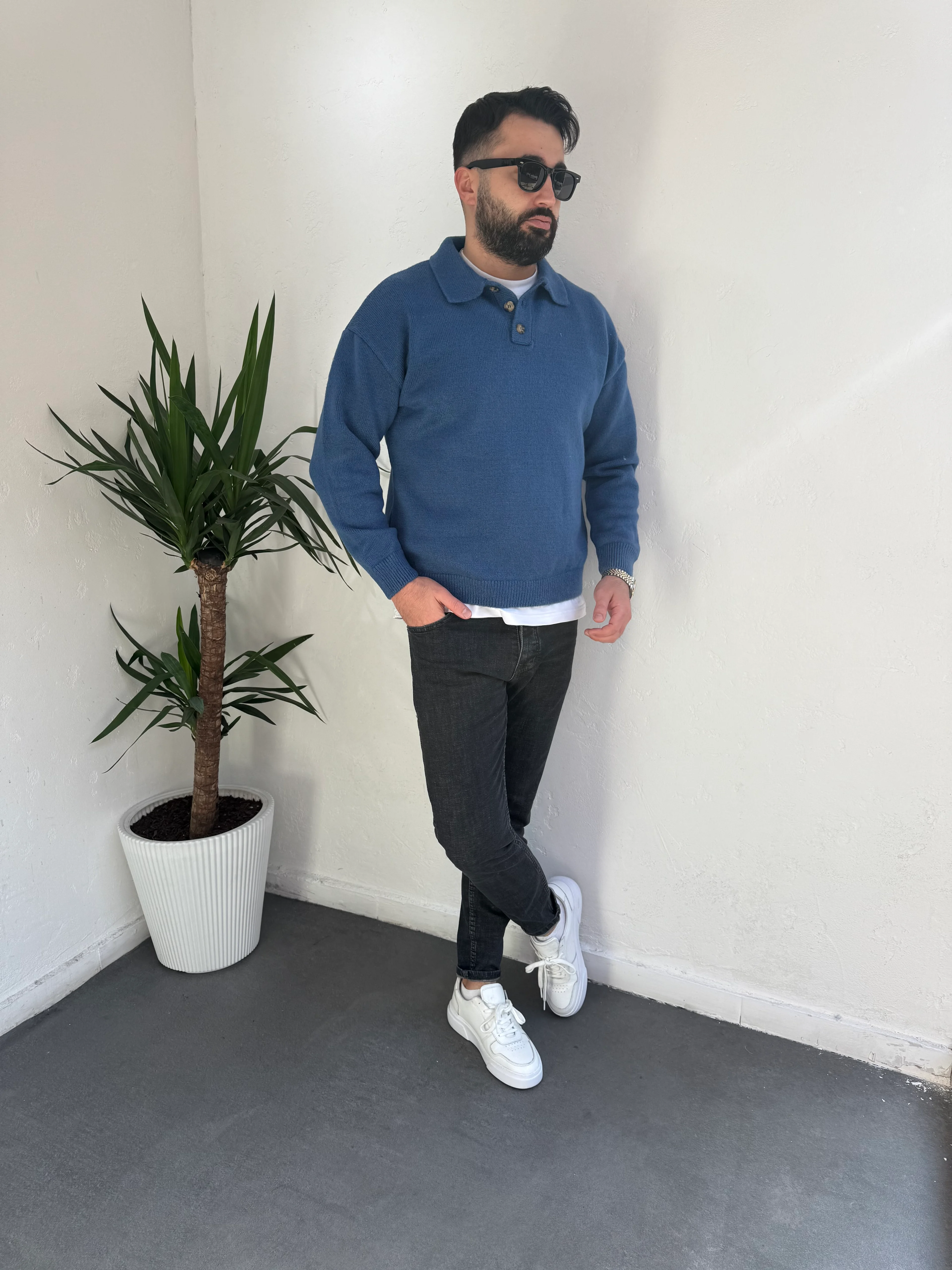 Yaka Düğme Detaylı Triko Kazak Mavi