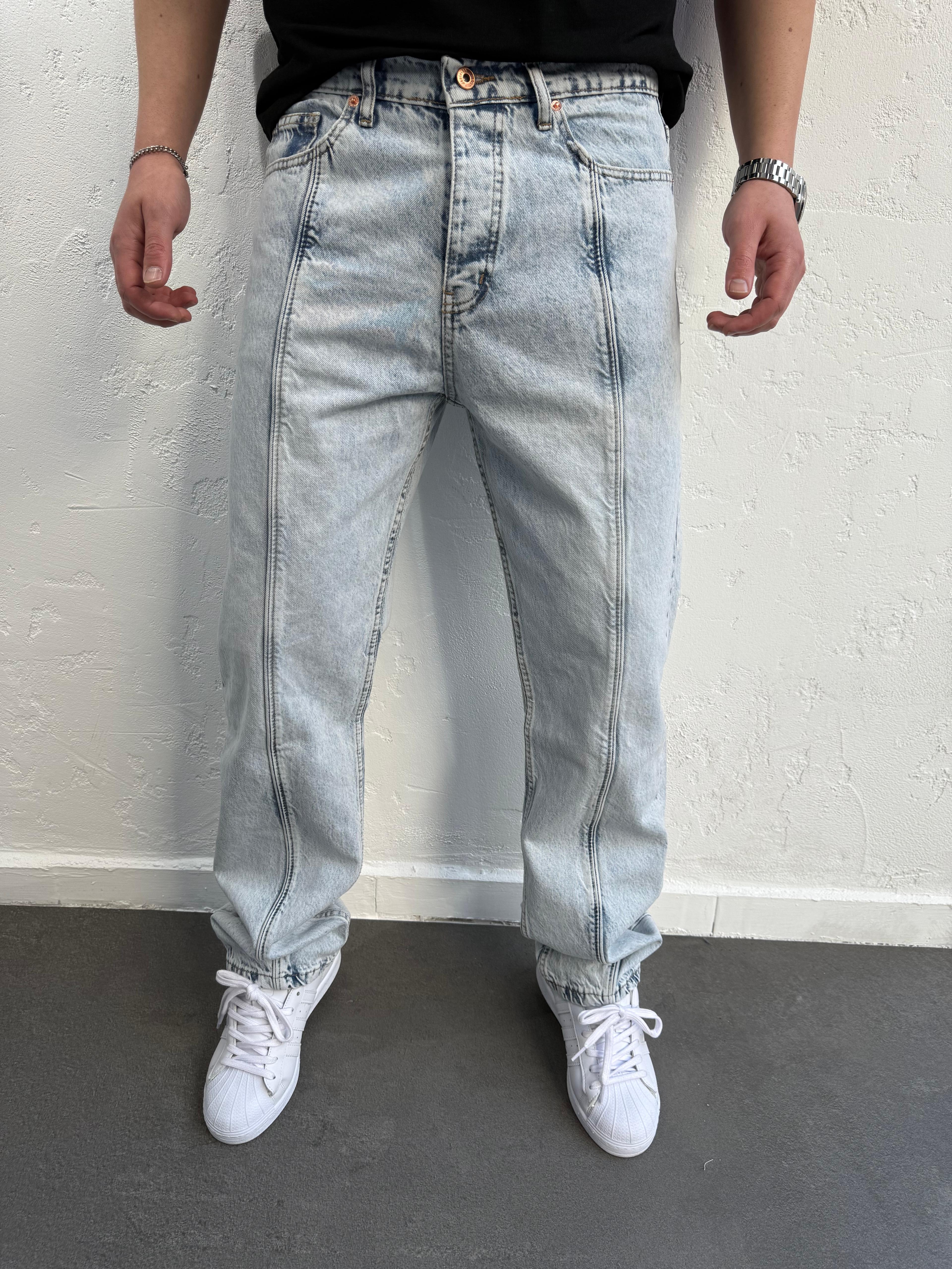 Çizgili Baggy Jeans Buz Mavisi