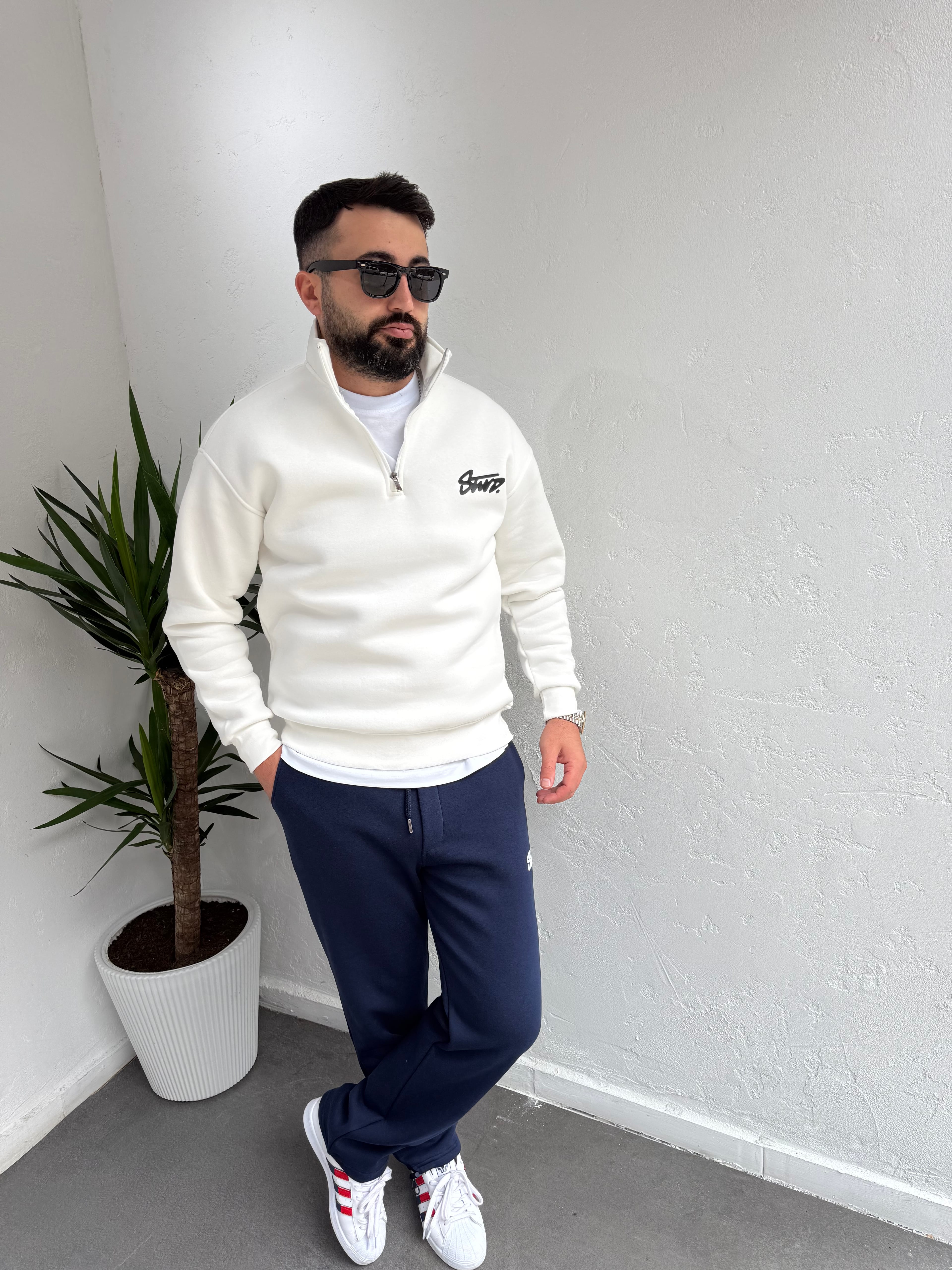 STWD Cotton Fermuarlı Sweatshirt Beyaz