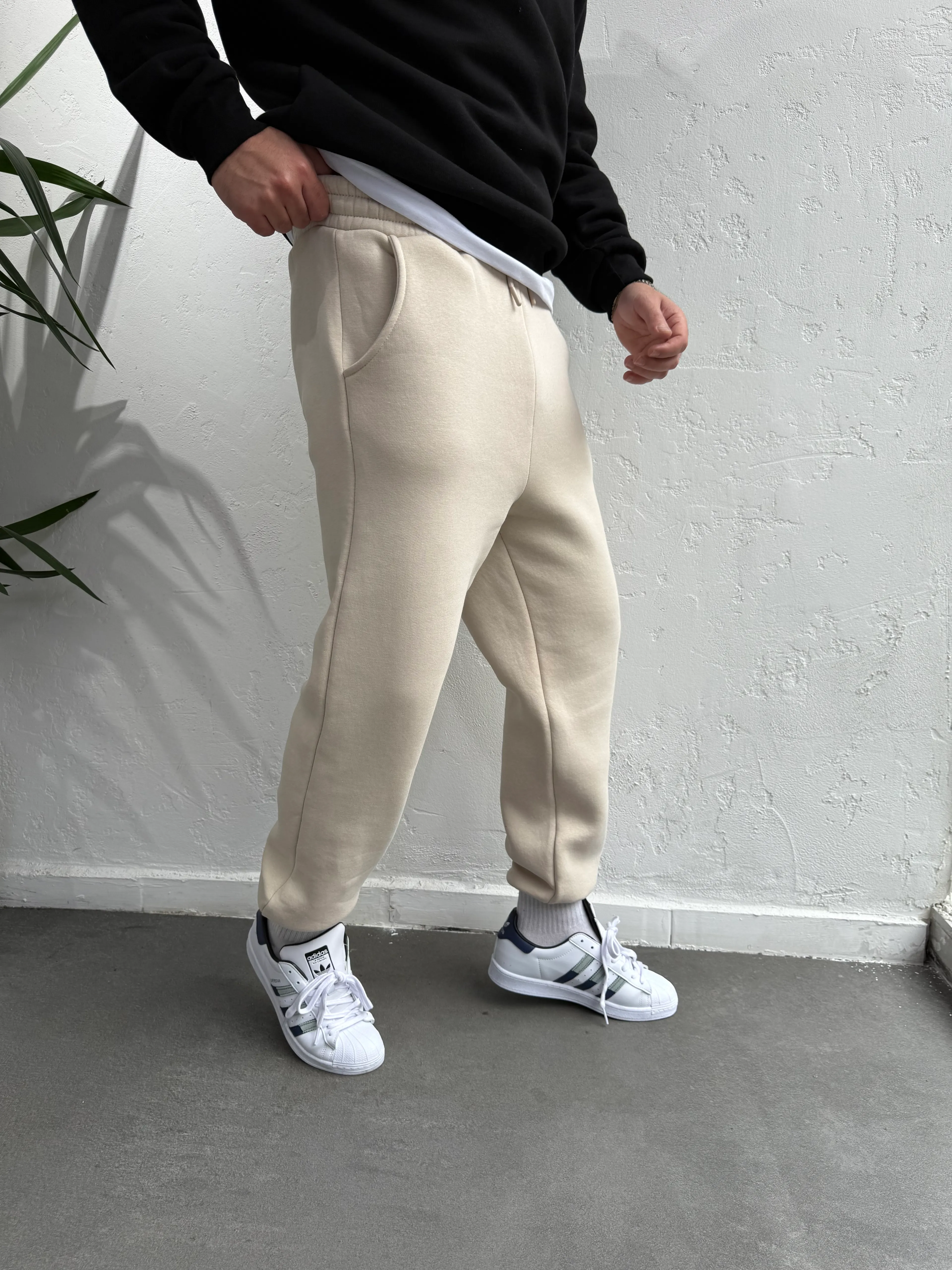 Lastik Paça Eşofman Altı Krem