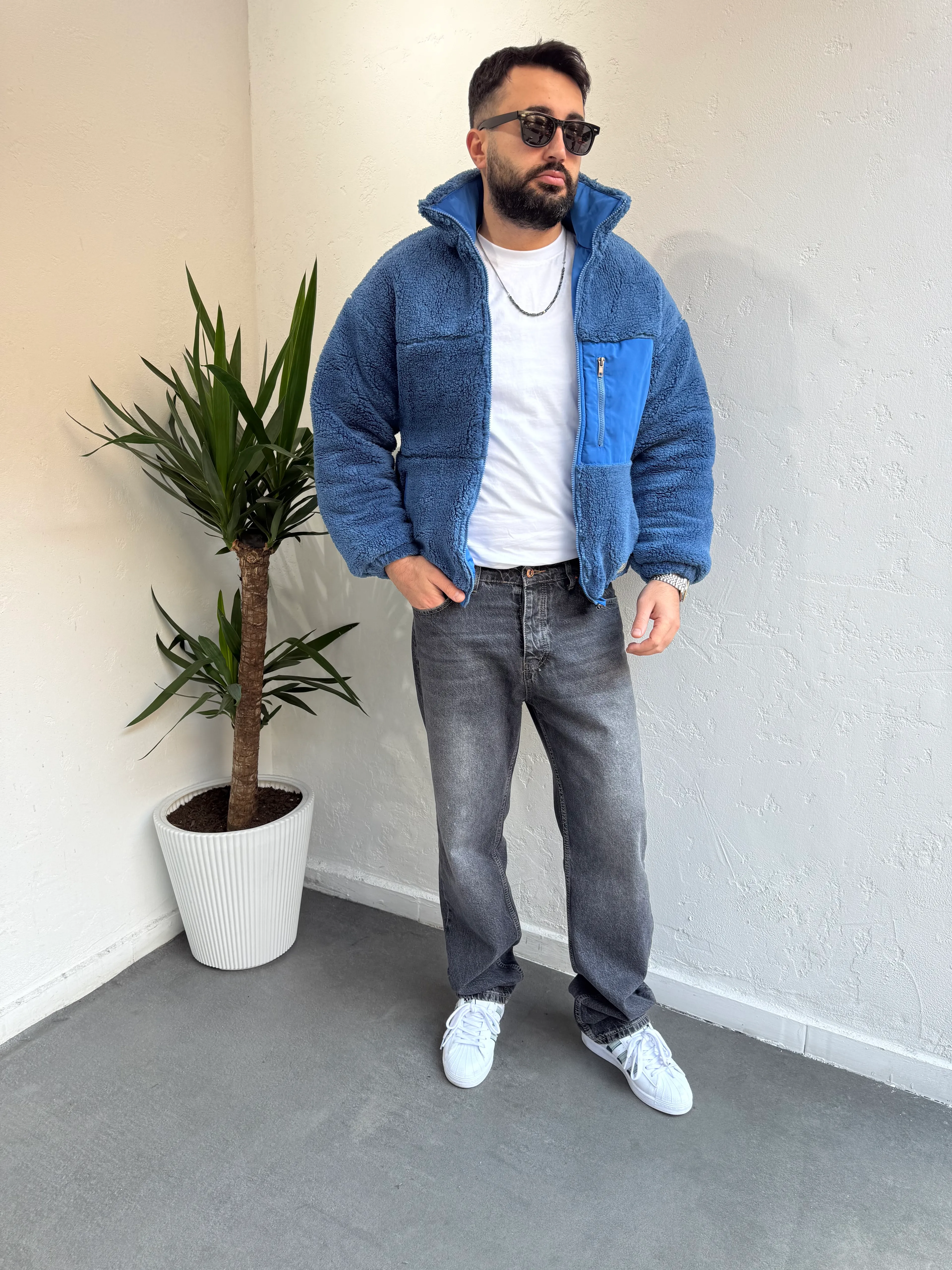 Premuim Paraşüt Cep Detaylı Peluş Mont Mavi