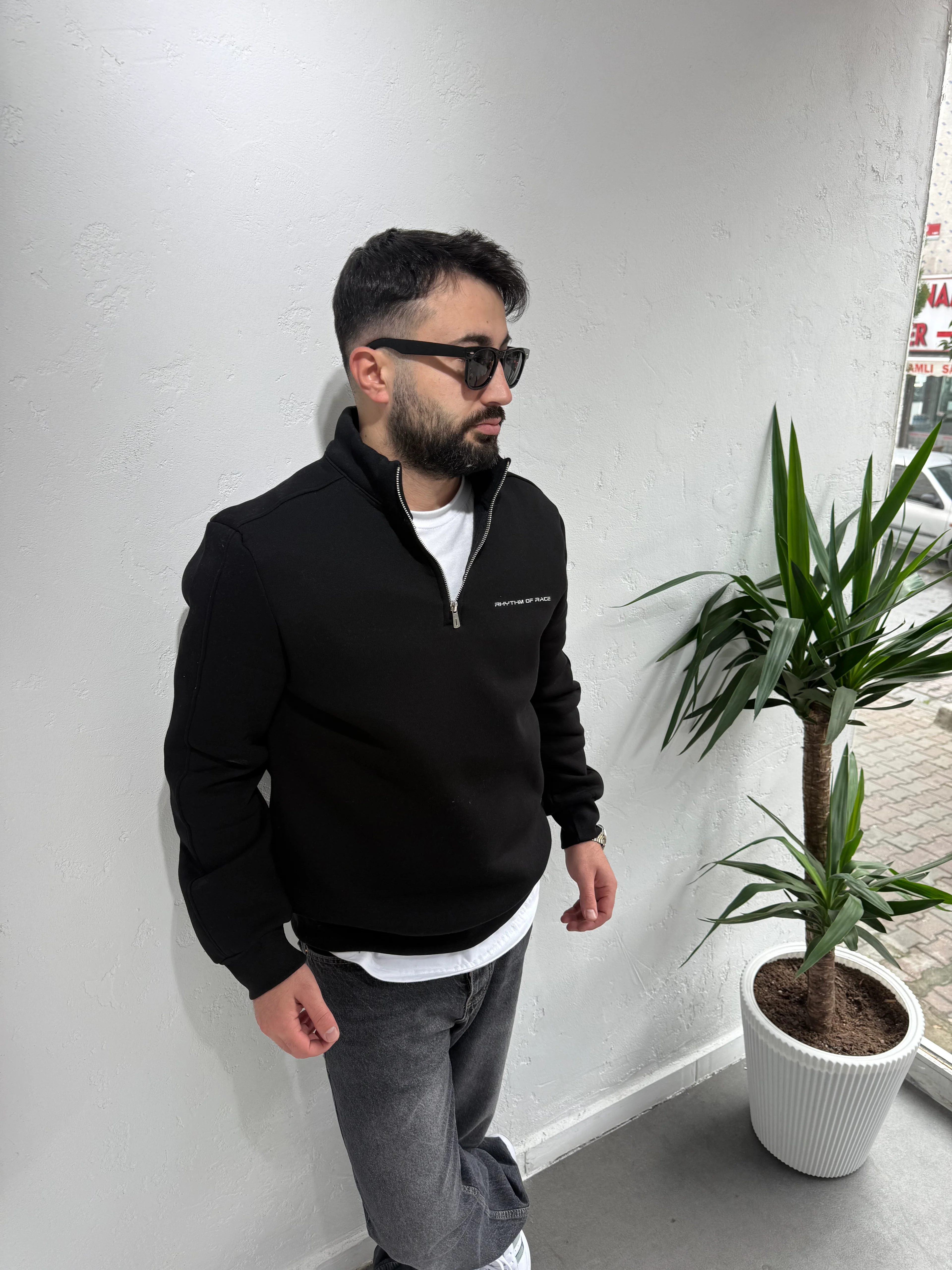 Deep Race Fermuarlı Yaka Sweatshirt Siyah