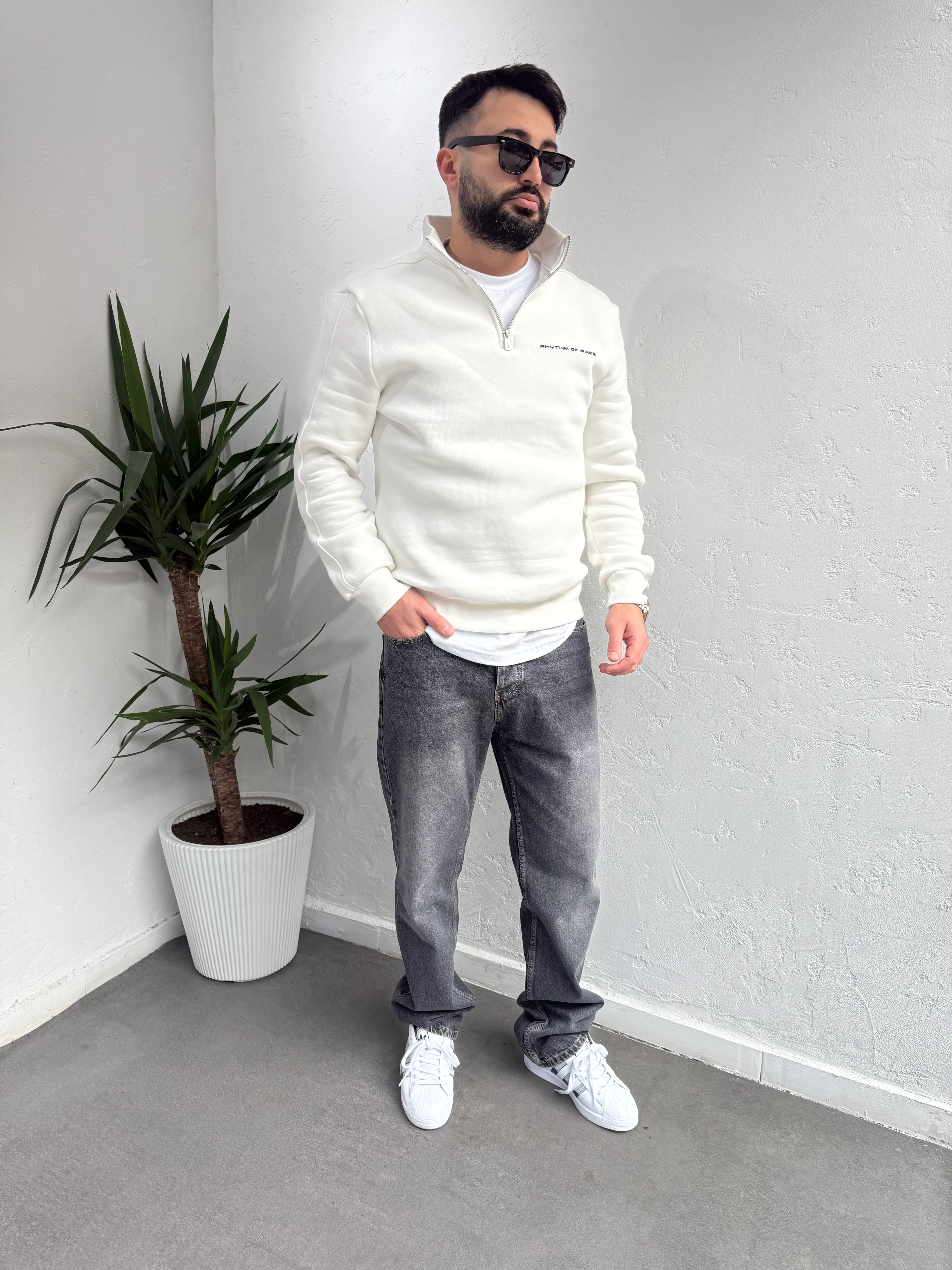Deep Race Fermuarlı Yaka Sweatshirt Beyaz
