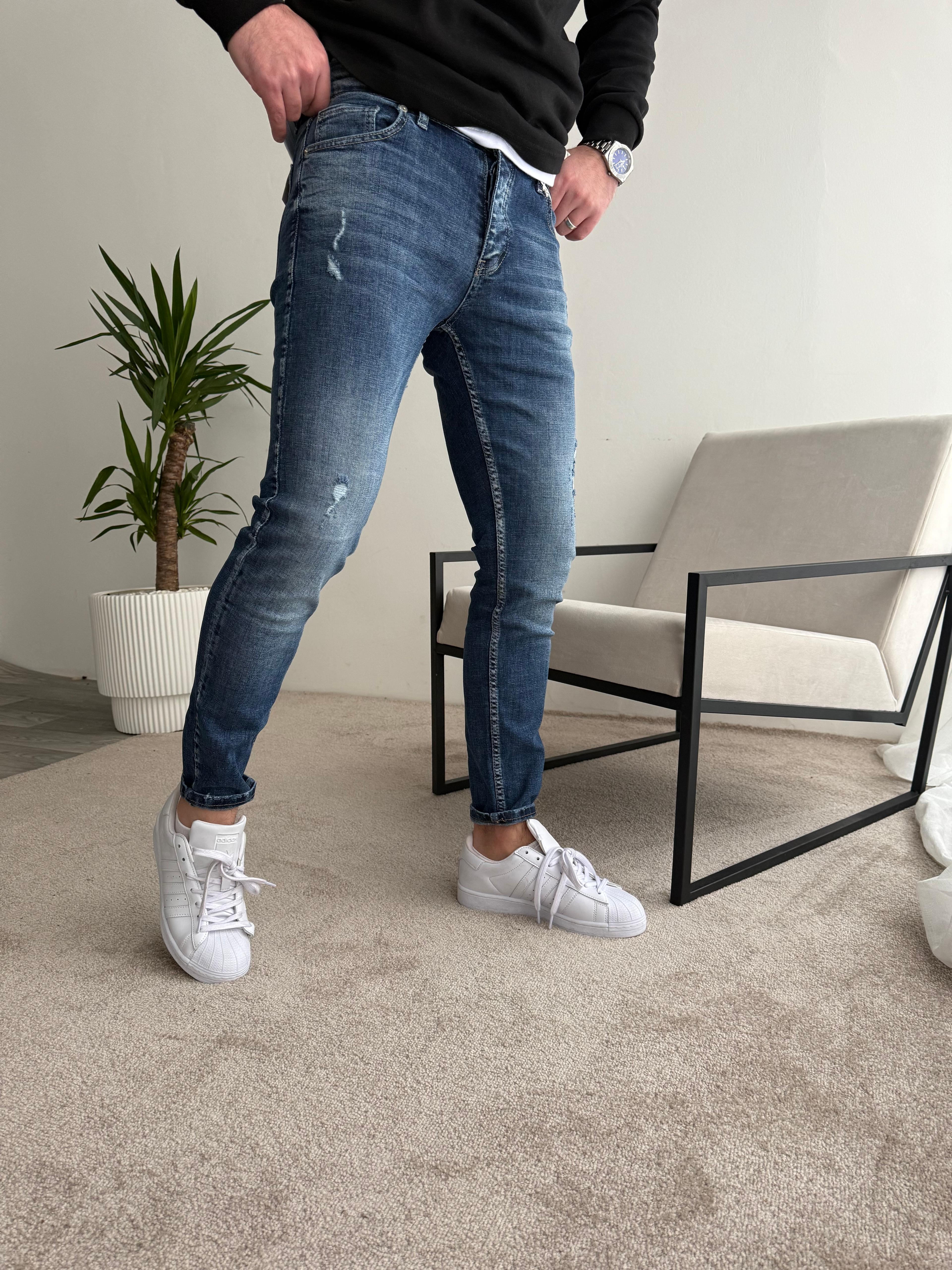 Skinny Kot Yırtık Koyu Mavi