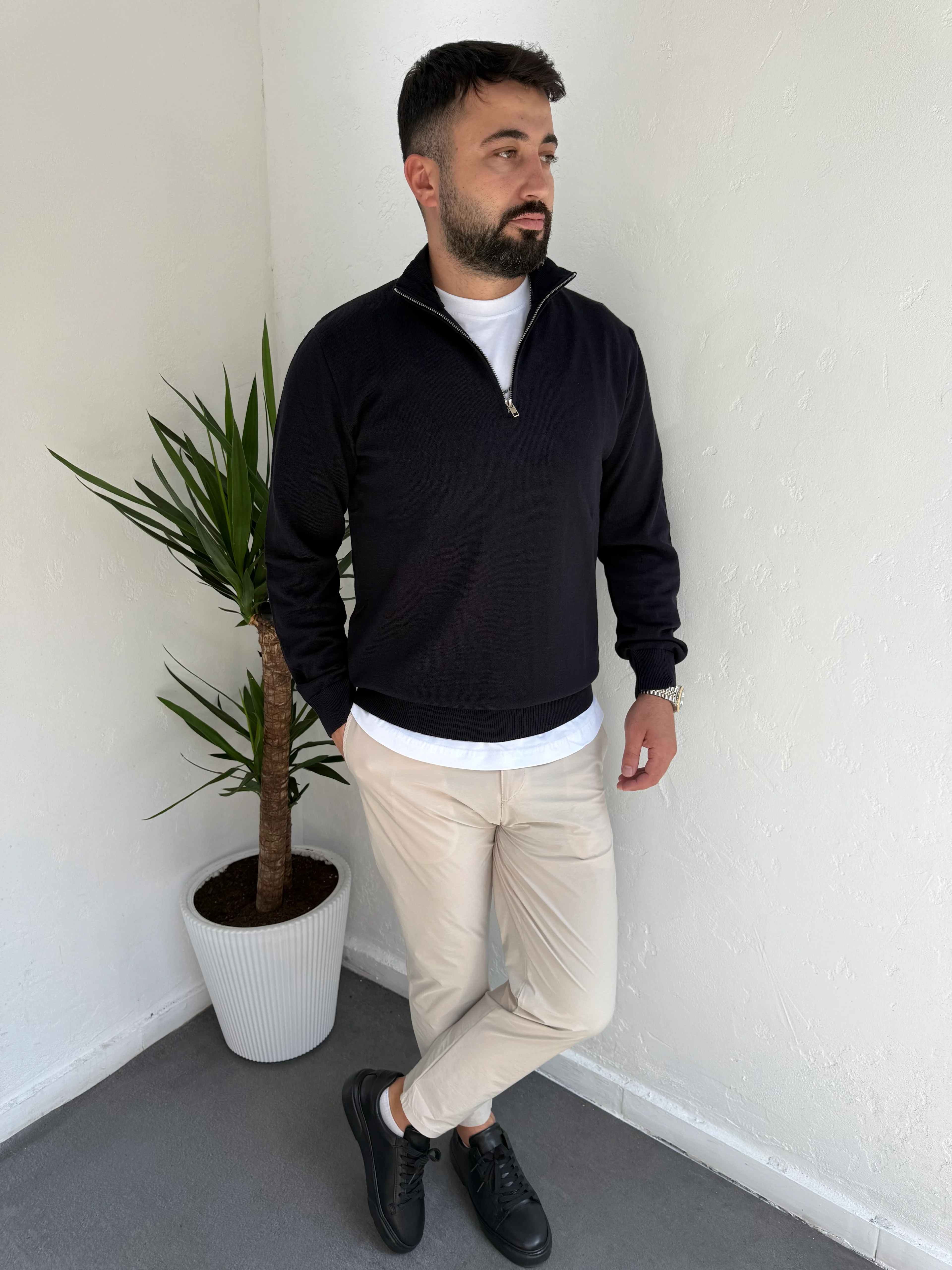 Fermuarlı Yaka Triko Kazak Lacivert