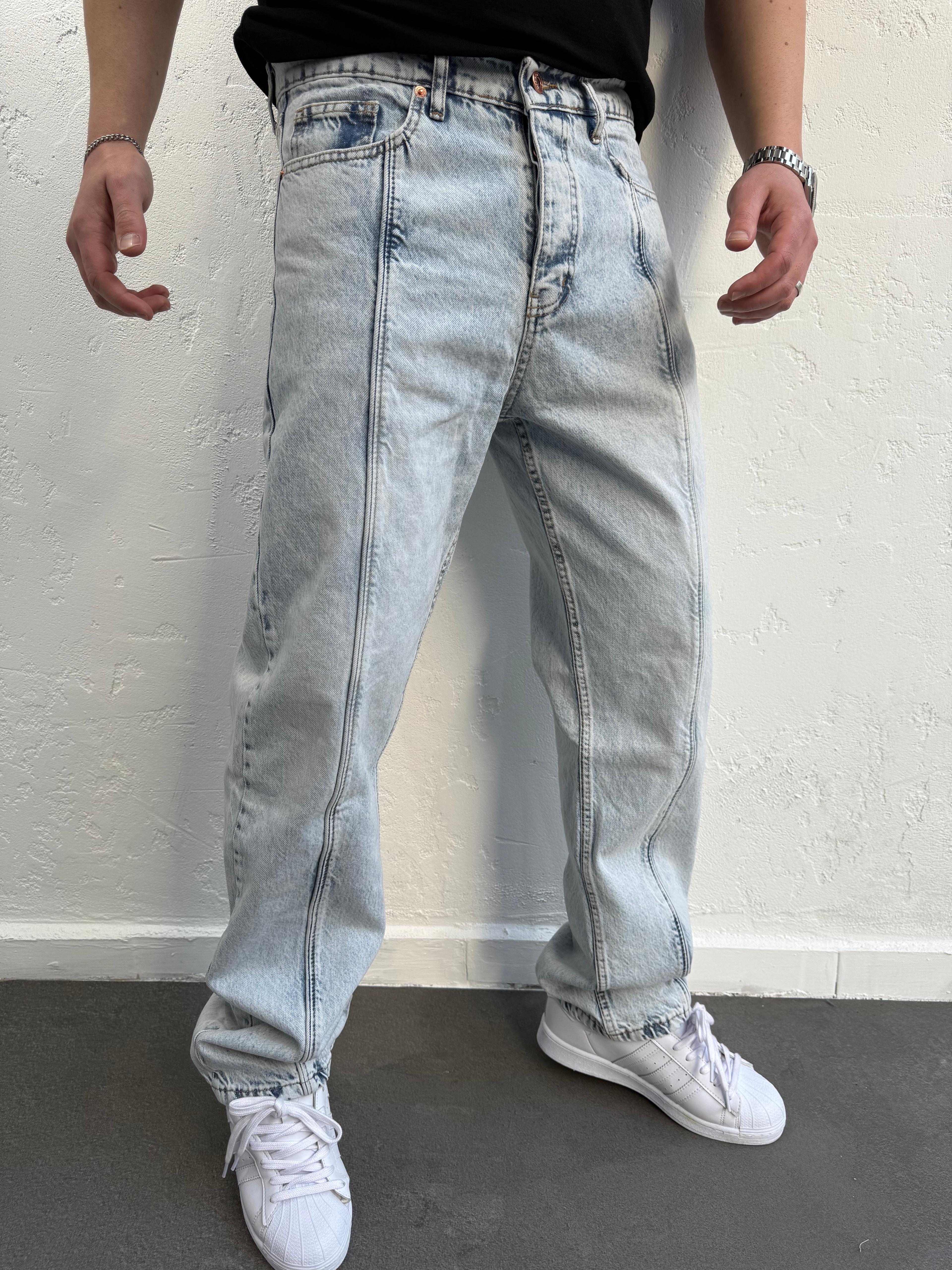 Çizgili Baggy Jeans Buz Mavisi