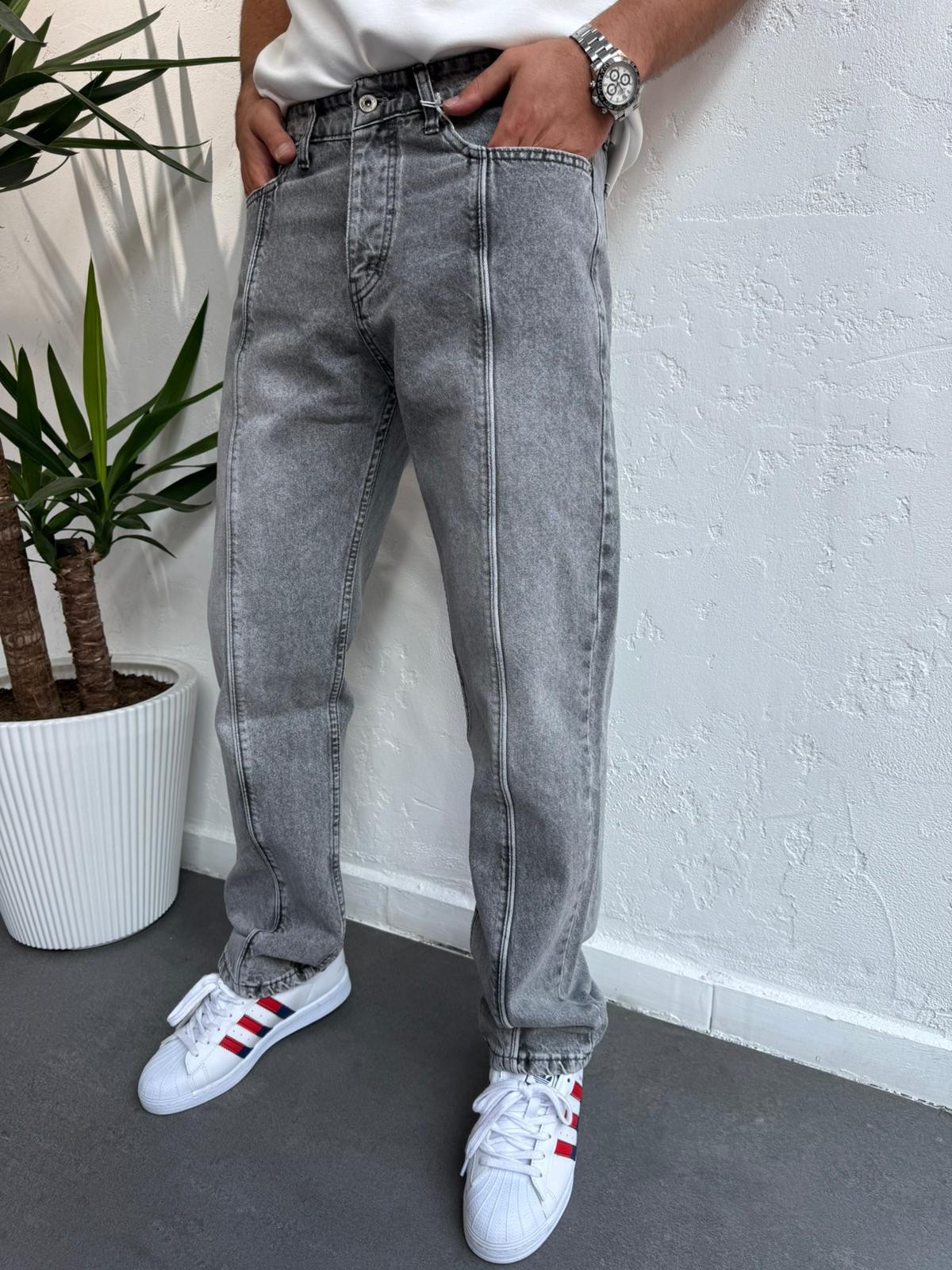 Çizgili Baggy Jeans Gri
