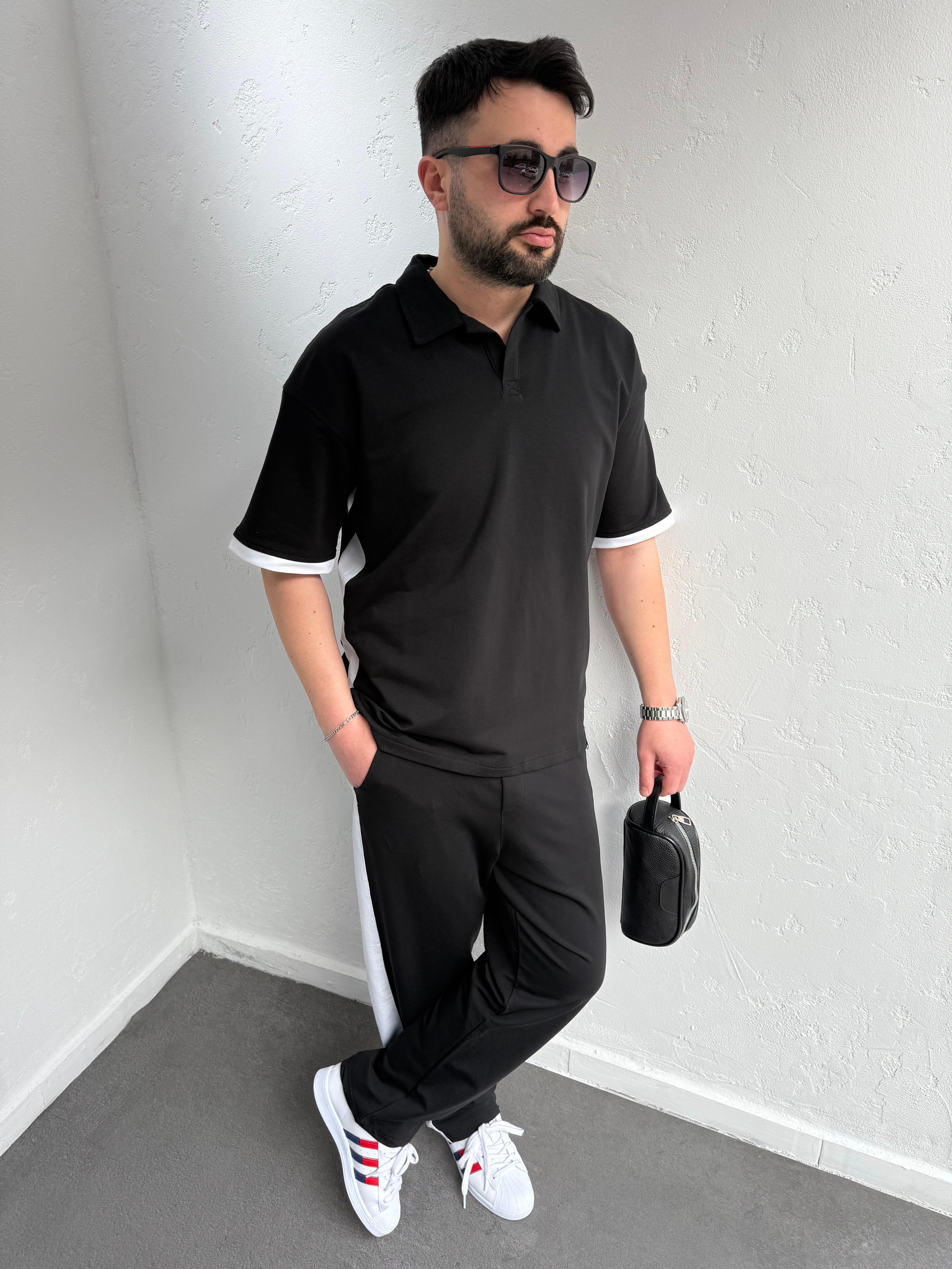 Polo Yaka Lenasso Eşofman Takımı Siyah