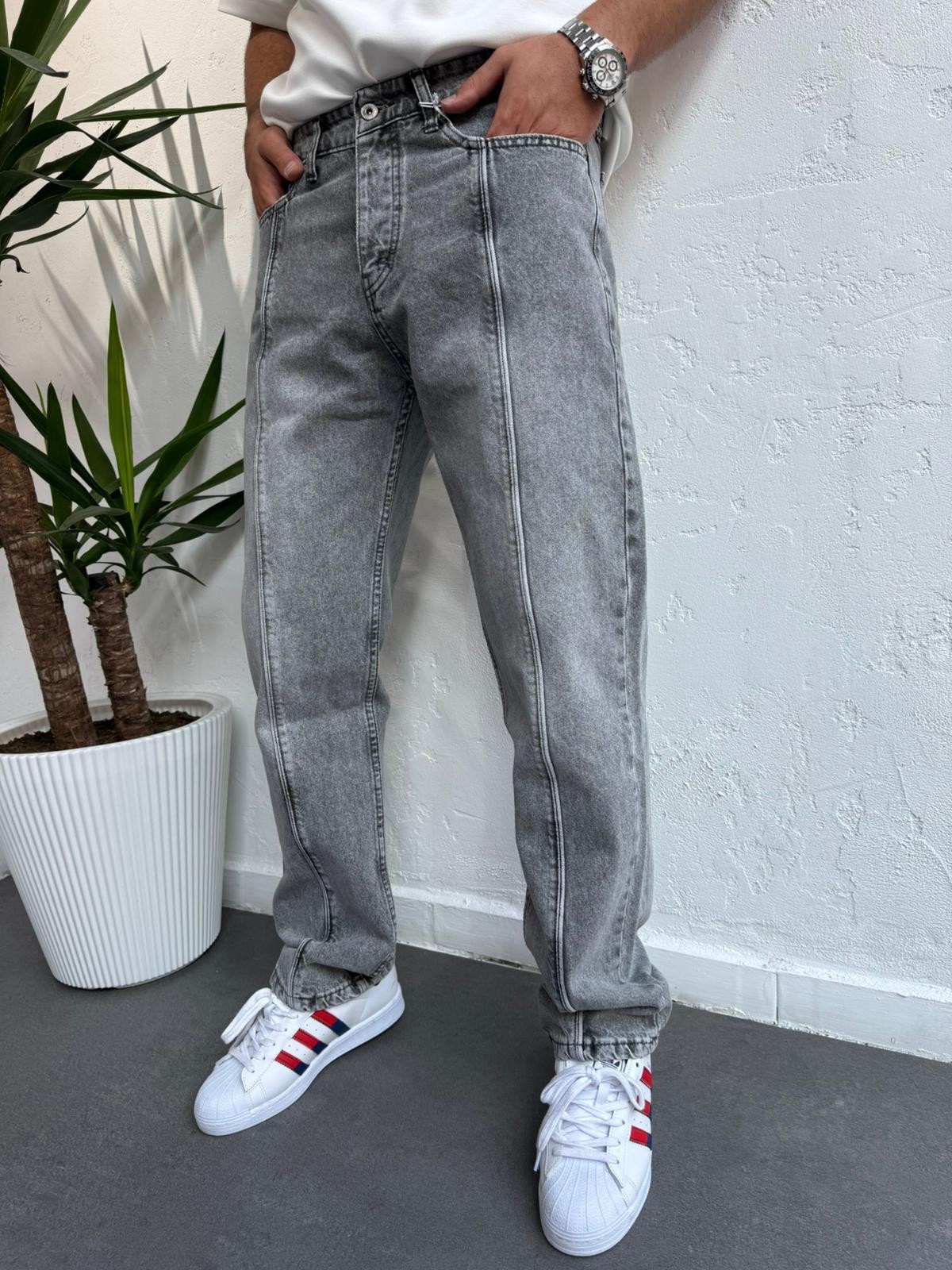 Çizgili Baggy Jeans Gri