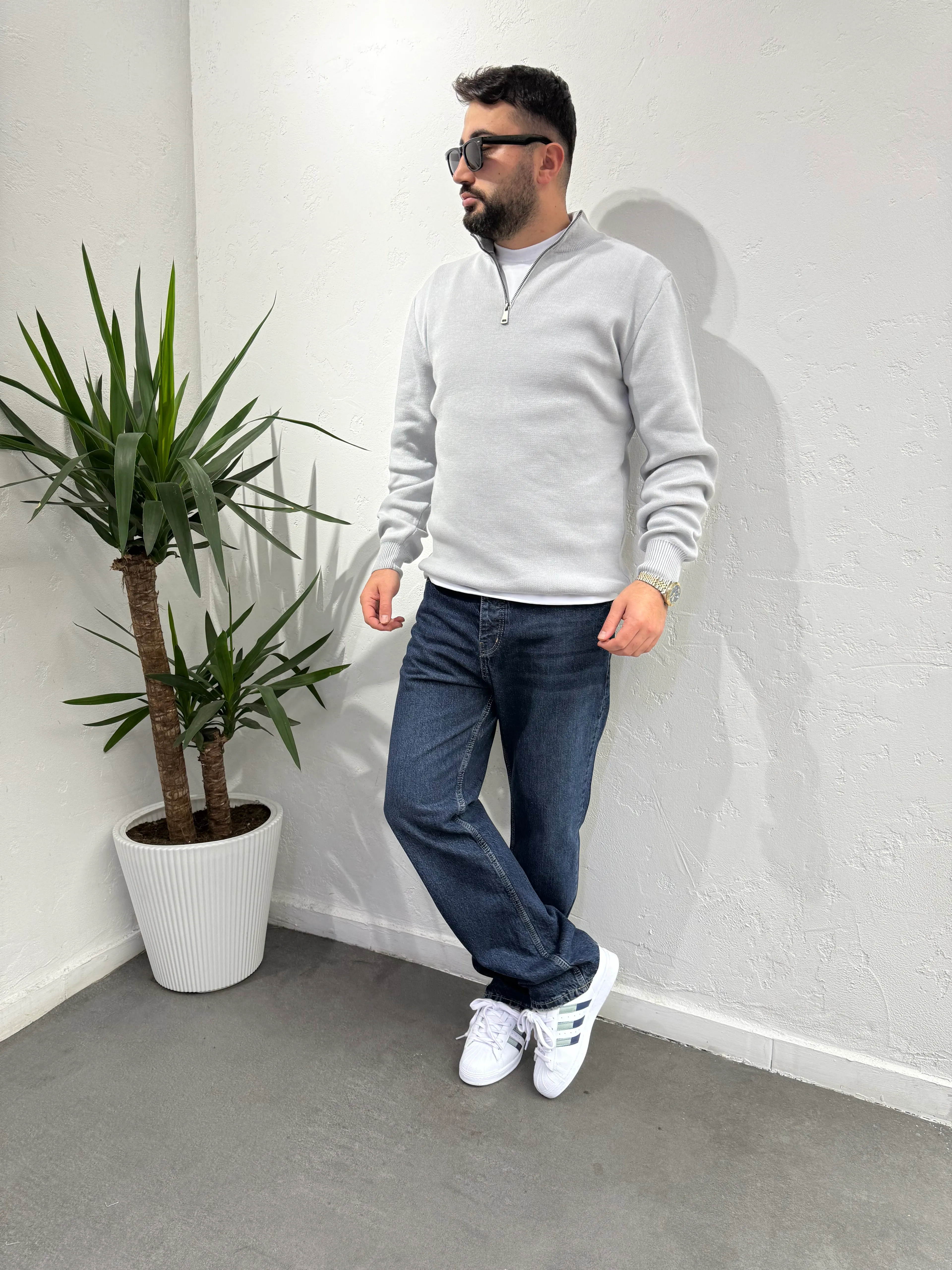 Deep Fermuarlı Yaka Triko Kazak Gri