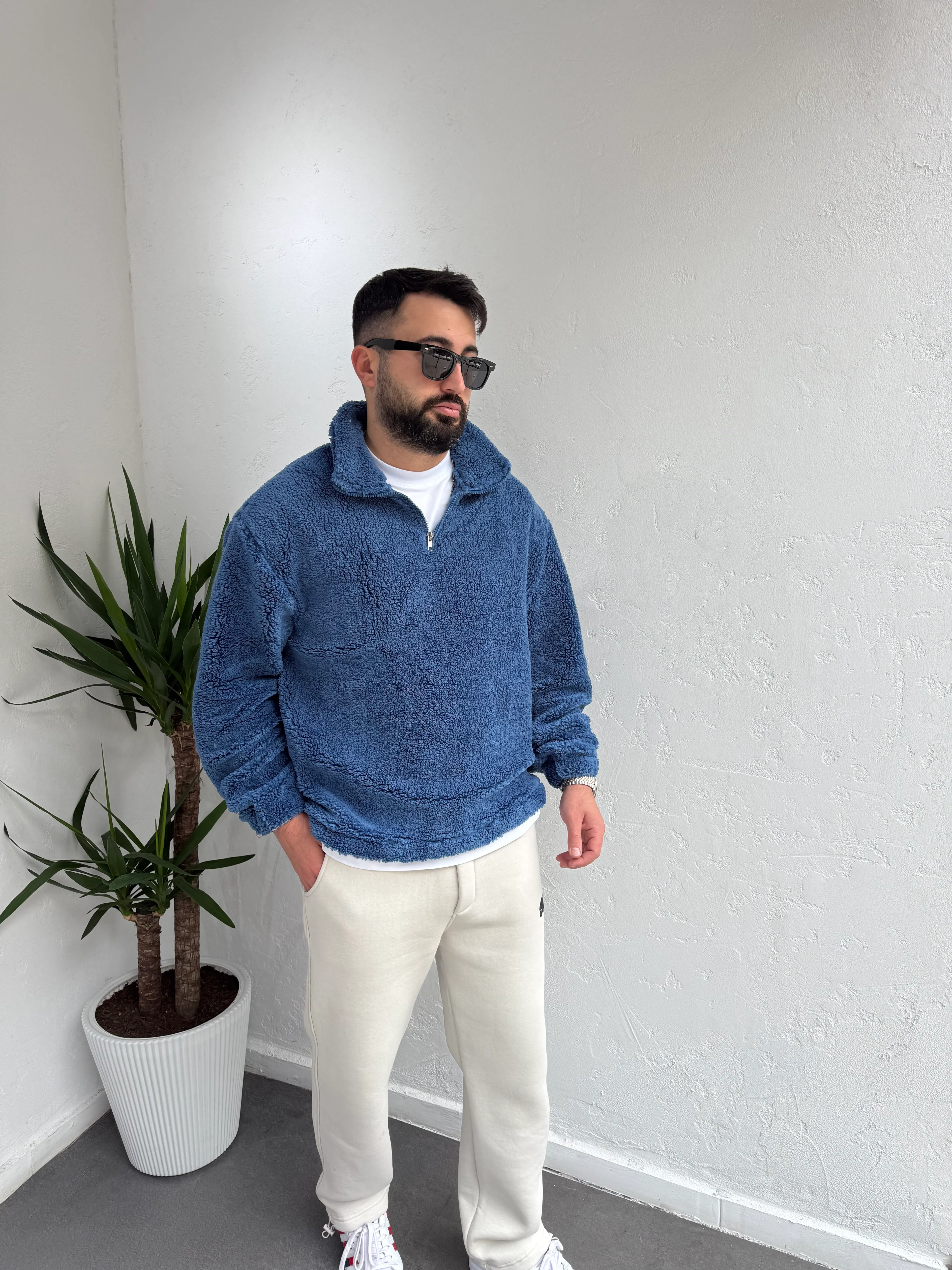 Fermuarlı Peluş Sweatshirt Saks Mavi