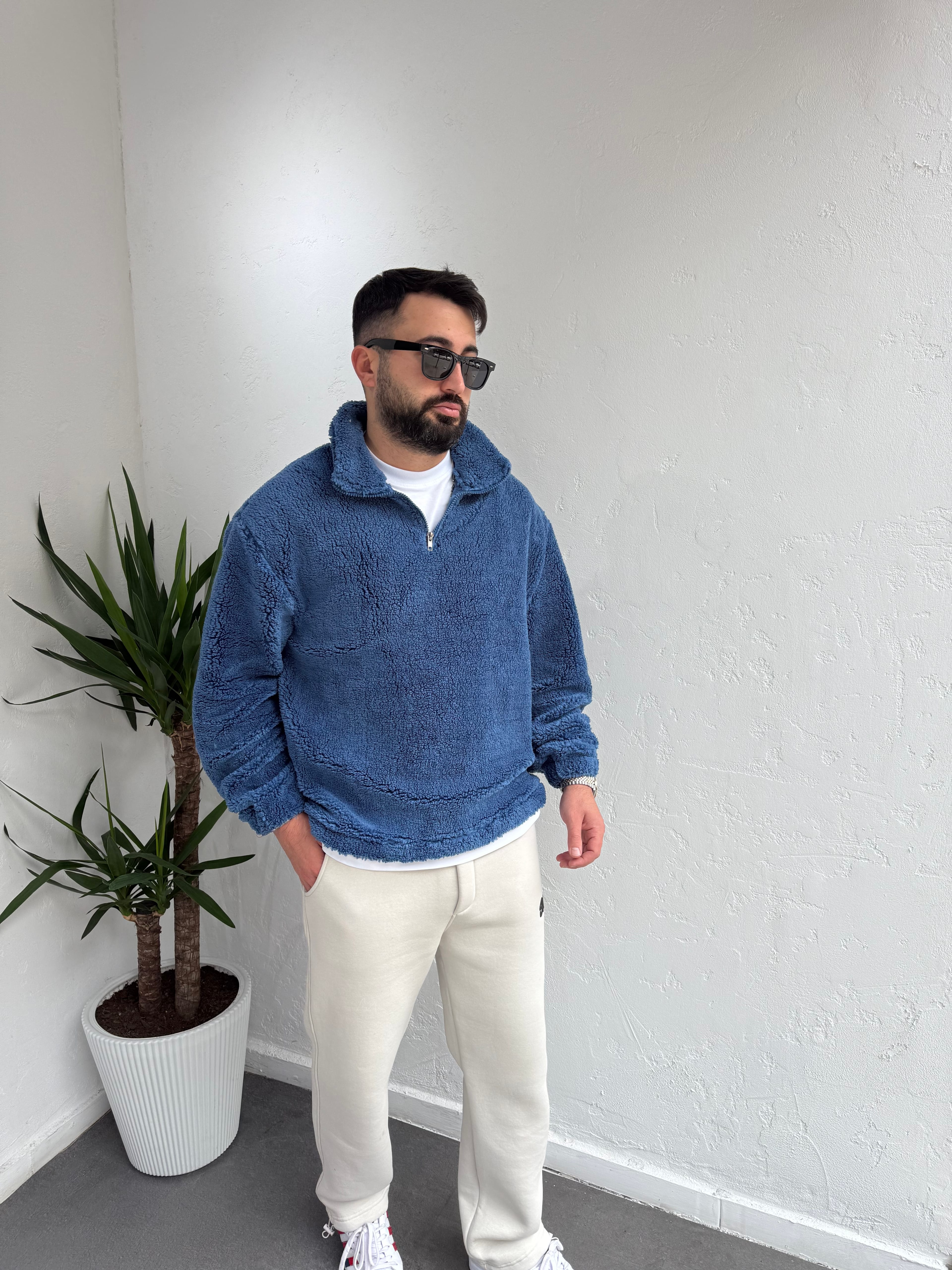 Fermuarlı Peluş Sweatshirt Saks Mavi