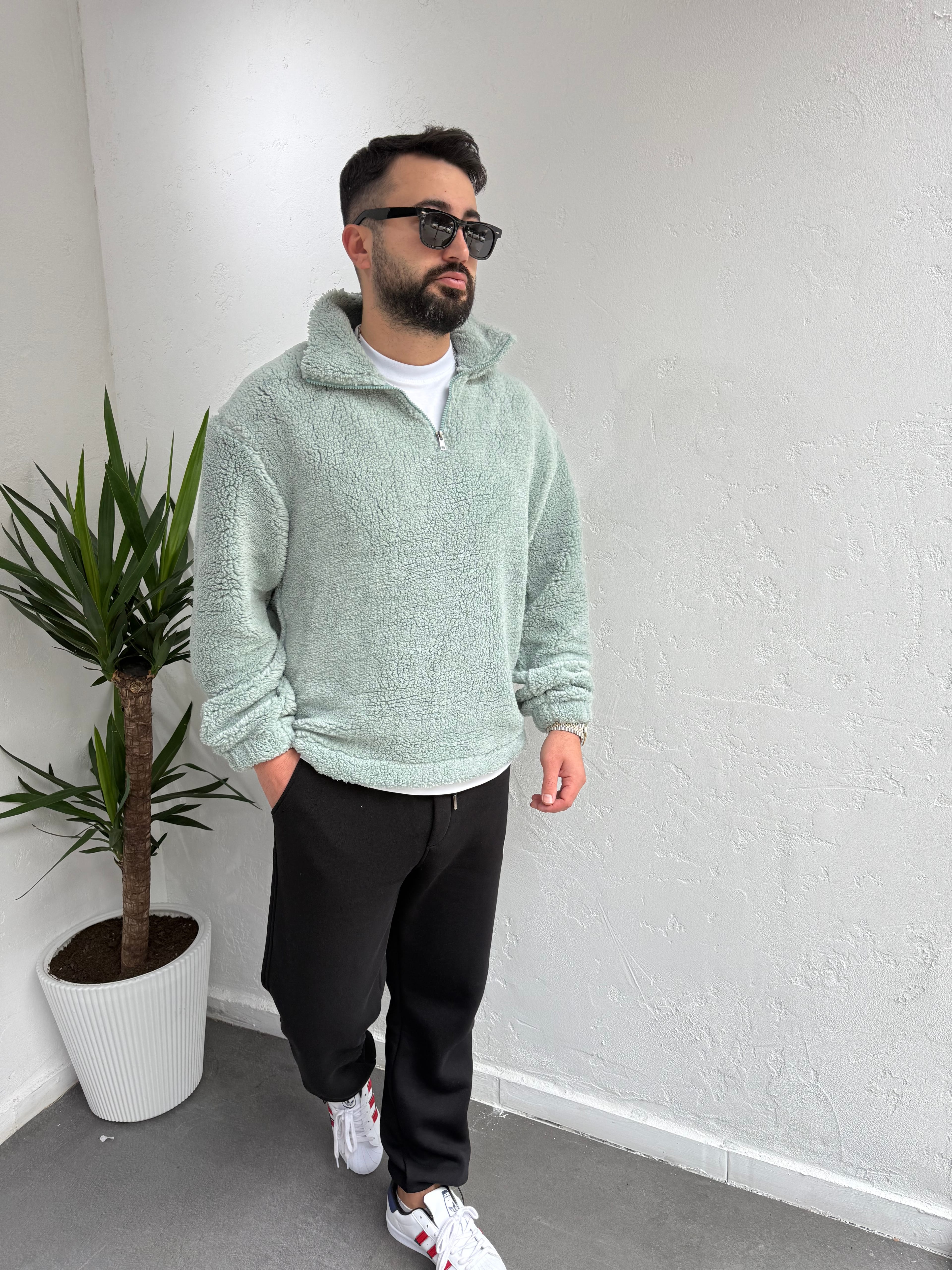 Fermuarlı Peluş Sweatshirt Su Yeşili