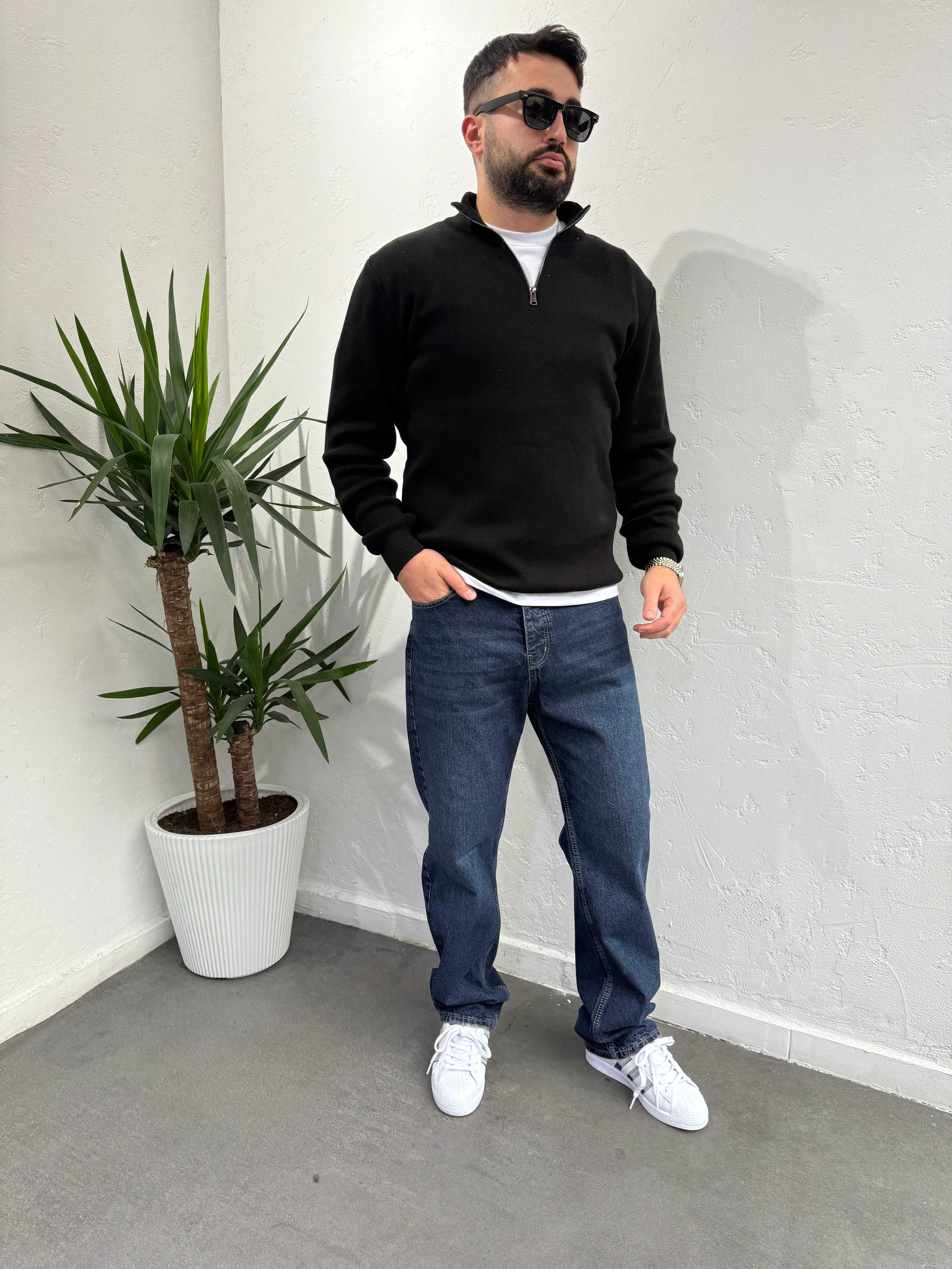 Deep Fermuarlı Yaka Triko Kazak Siyah