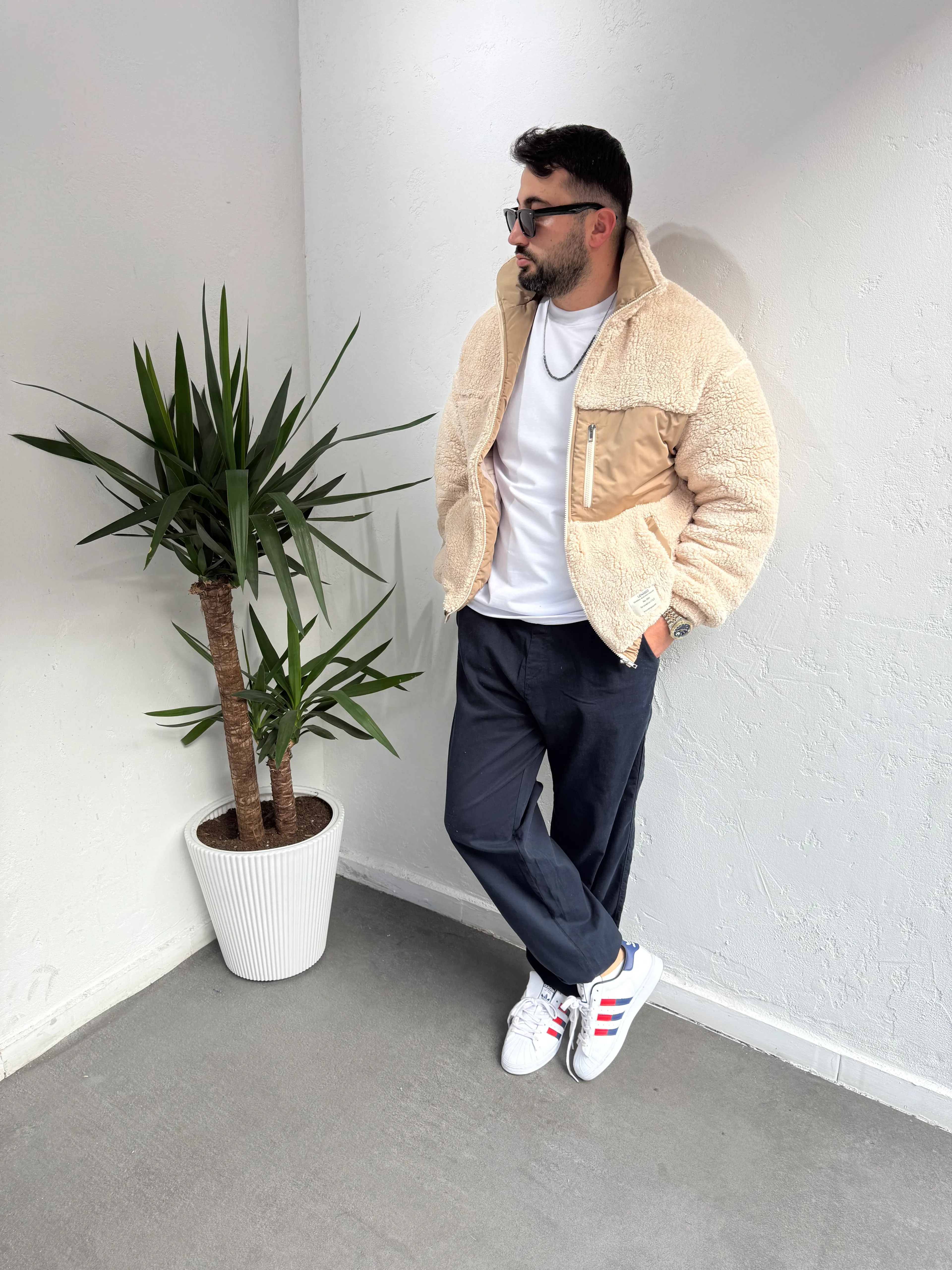 Premuim Paraşüt Cep Detaylı Peluş Mont Krem