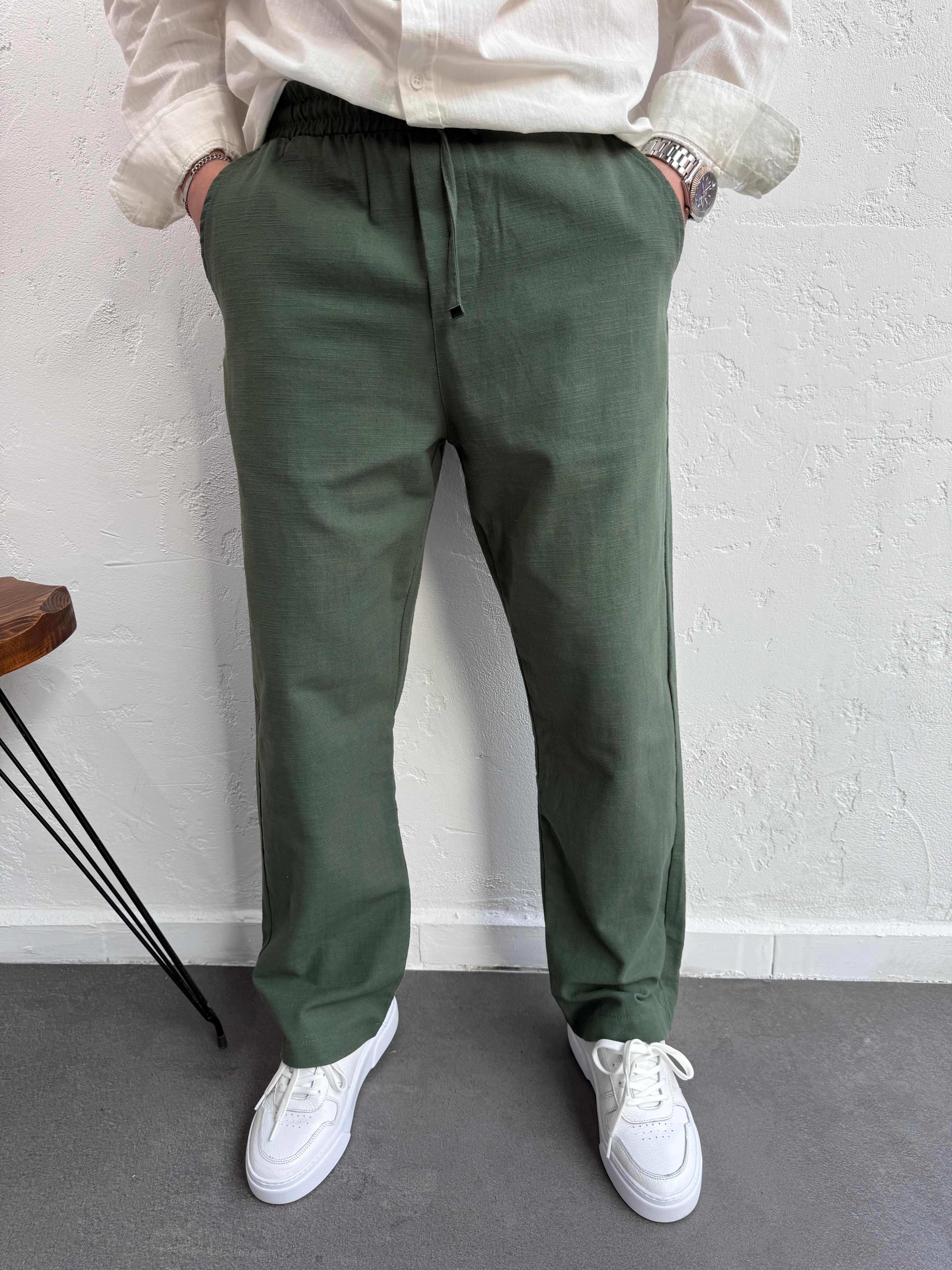 Lenasso Keten Baggy Pantolon Haki