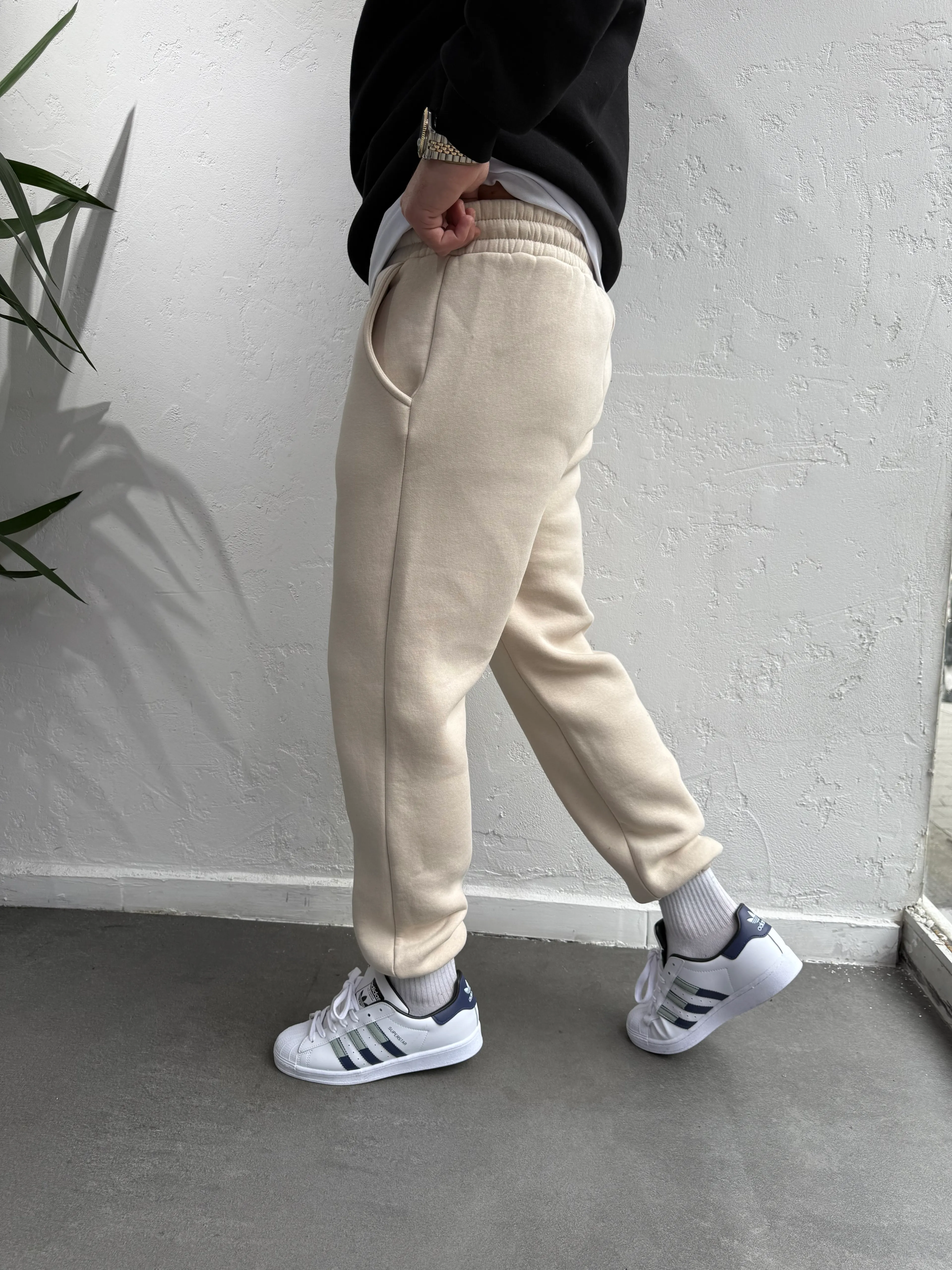 Lastik Paça Eşofman Altı Krem