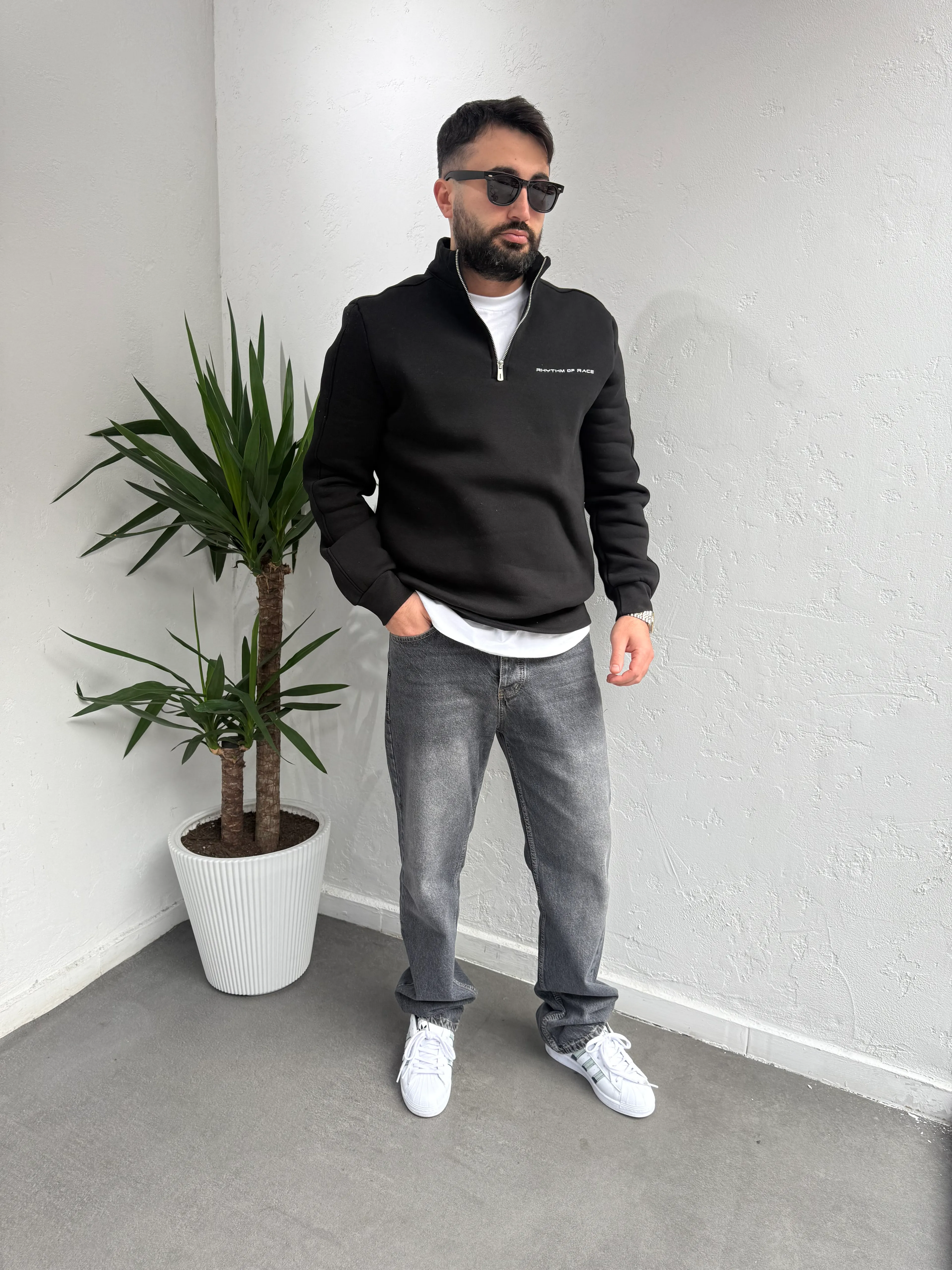 Deep Race Fermuarlı Yaka Sweatshirt Siyah