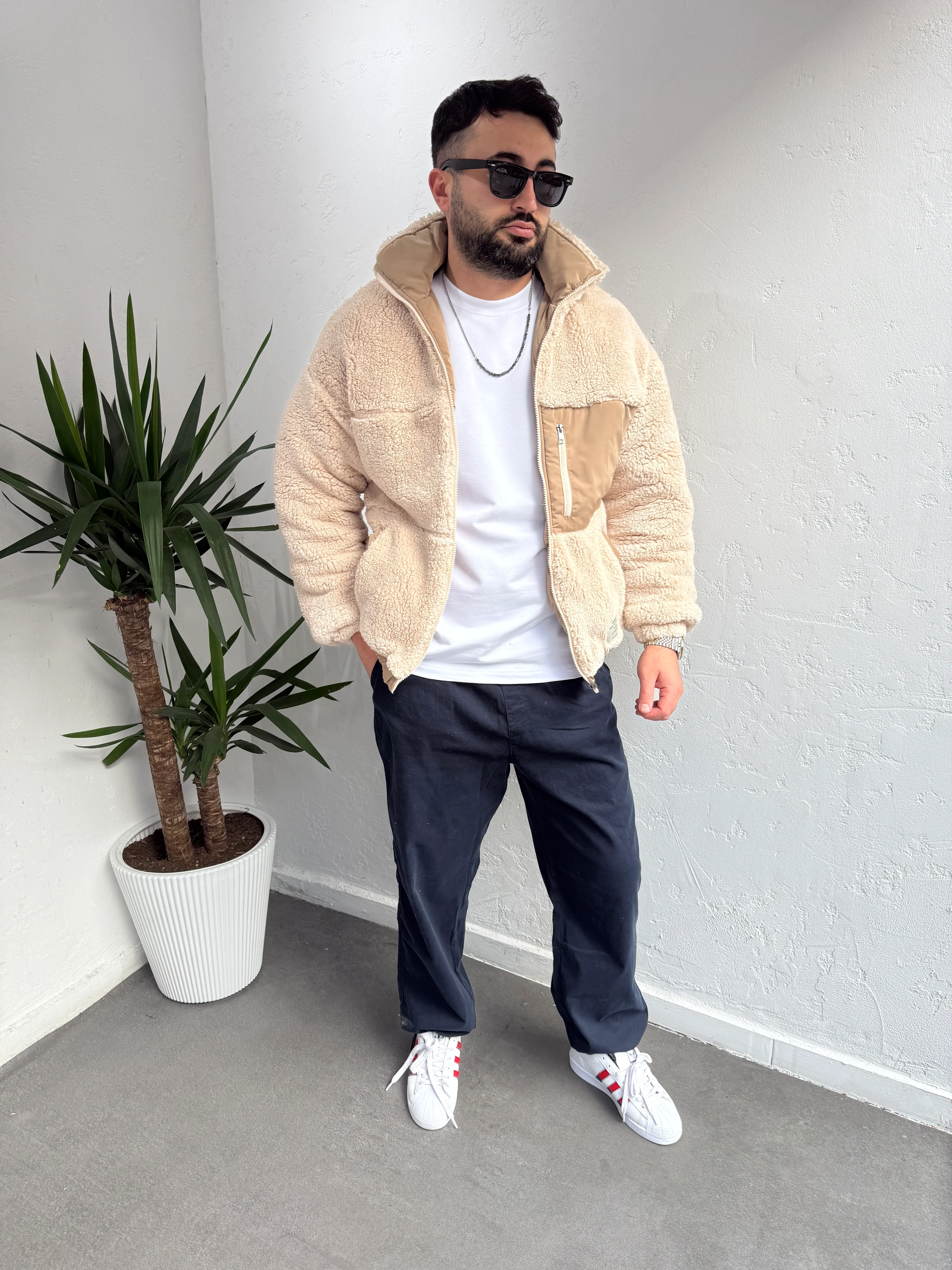 Premuim Paraşüt Cep Detaylı Peluş Mont Krem