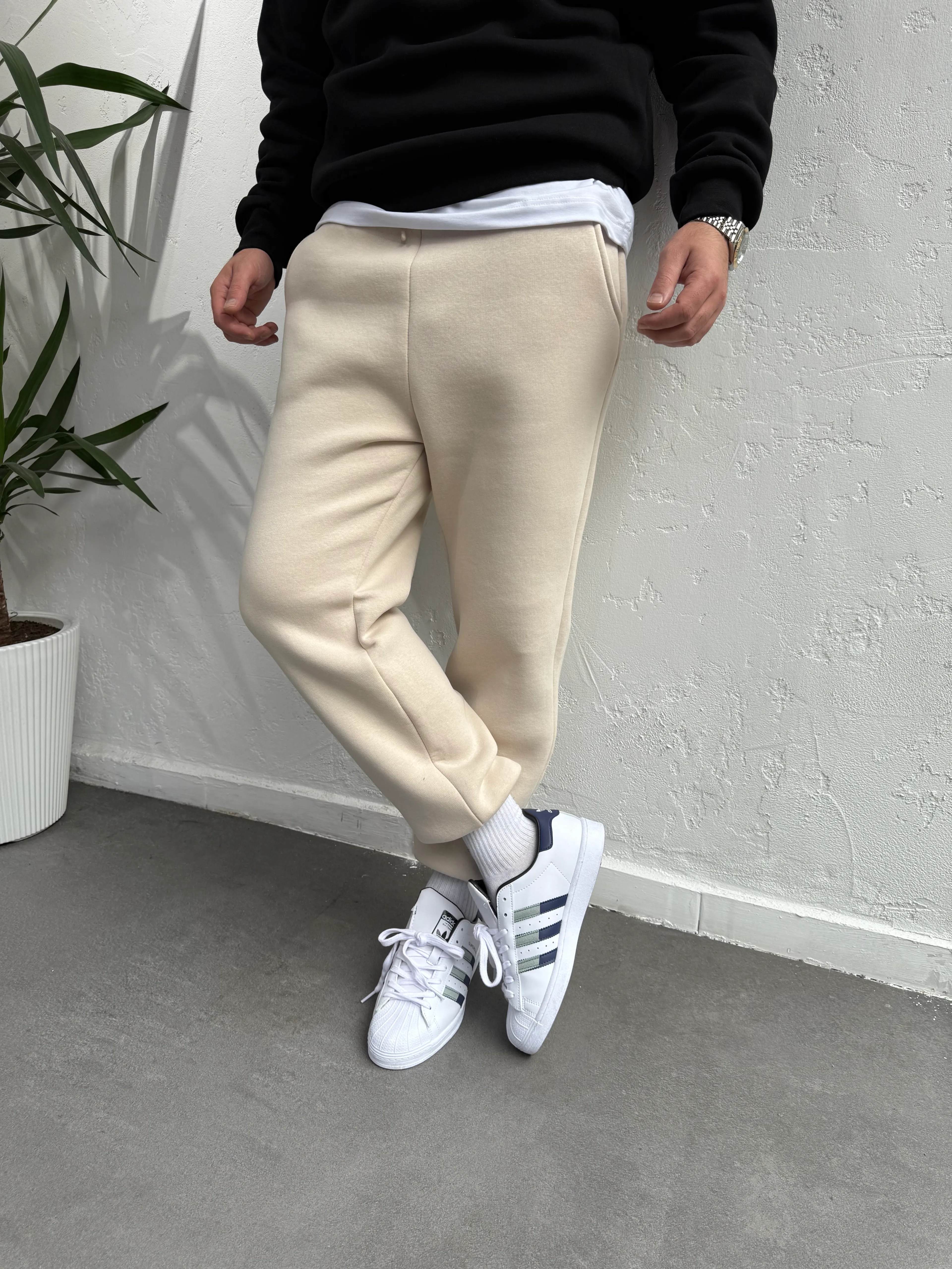 Lastik Paça Eşofman Altı Krem