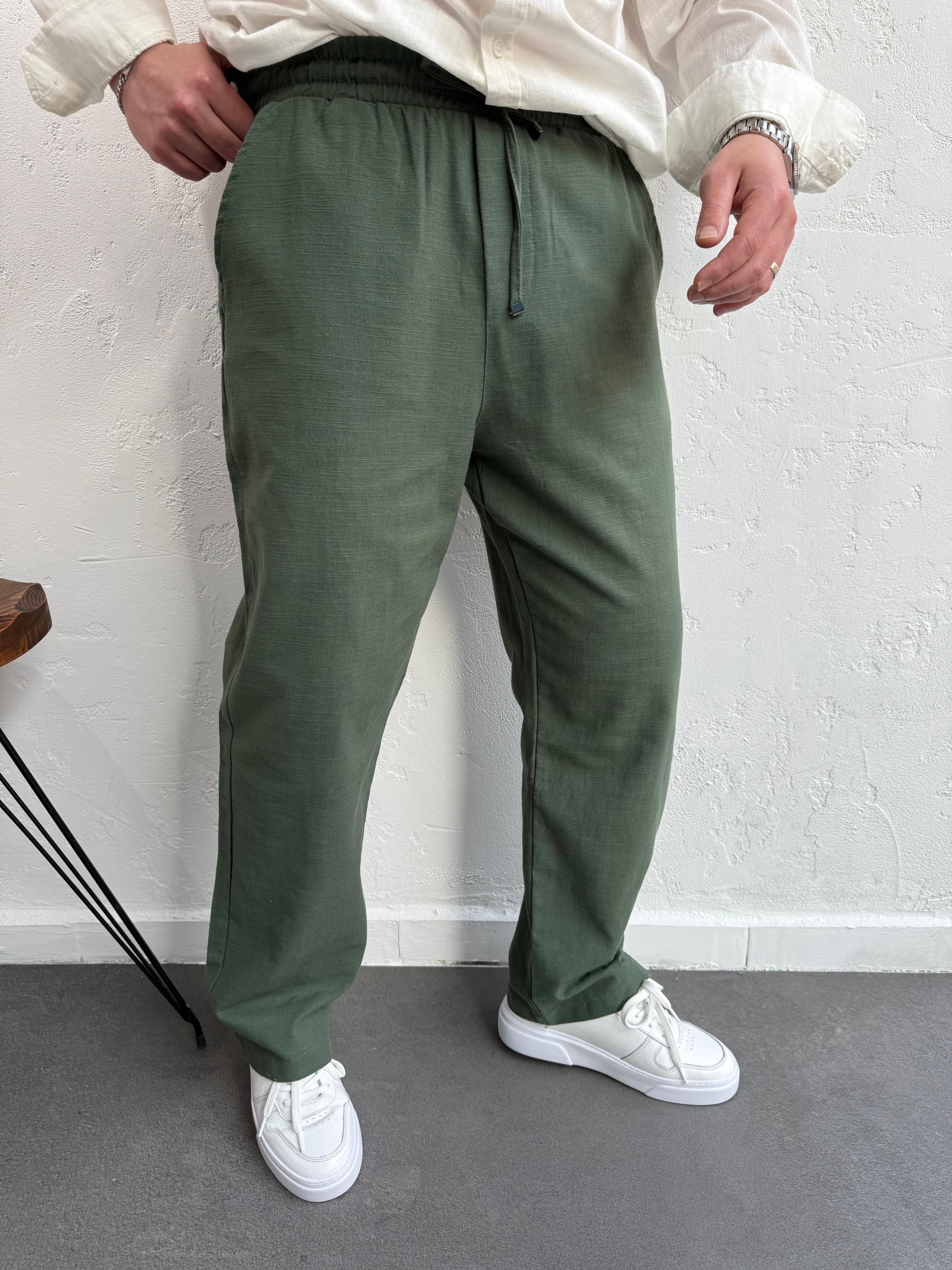 Lenasso Keten Baggy Pantolon Haki