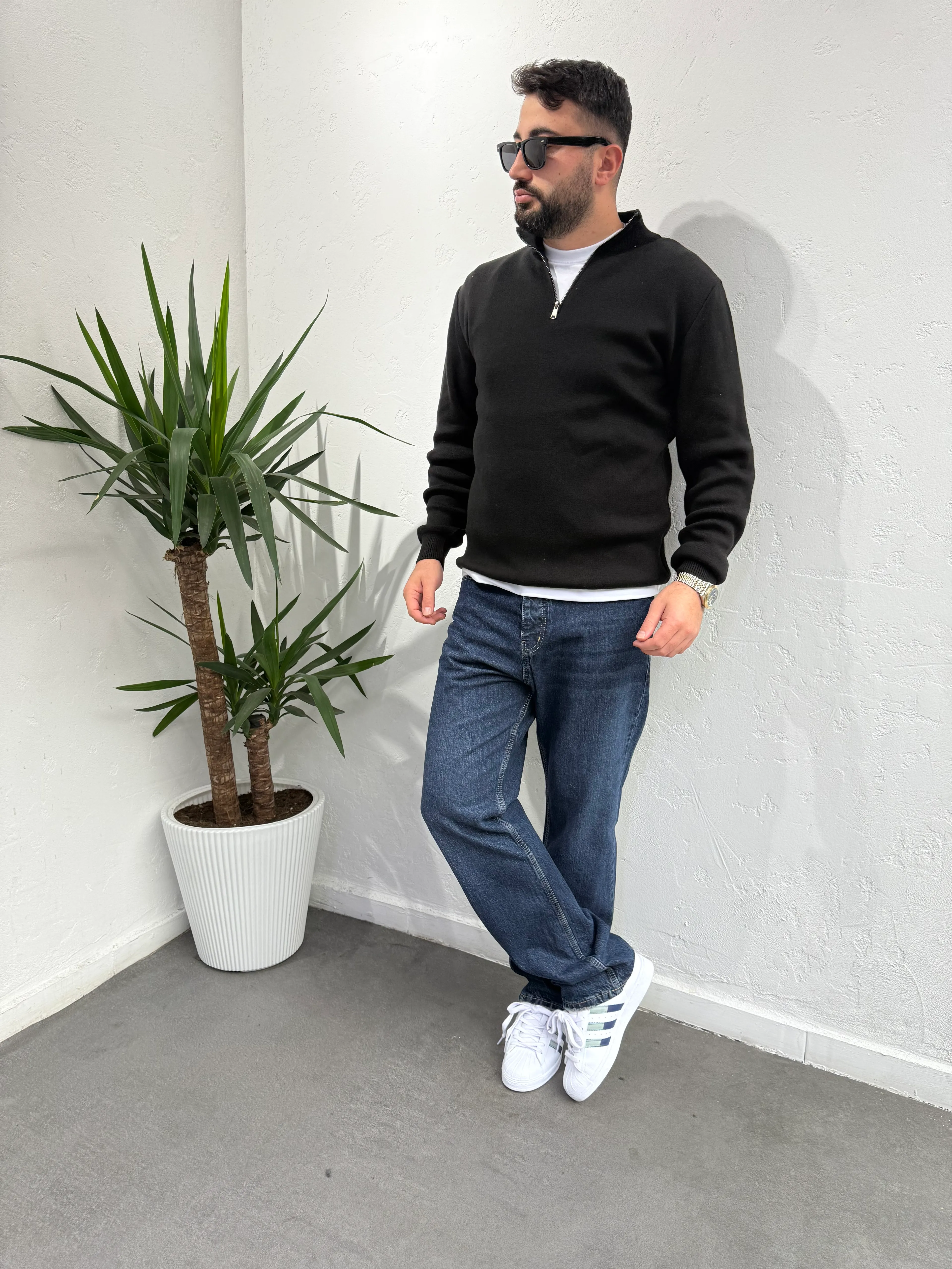 Deep Fermuarlı Yaka Triko Kazak Siyah