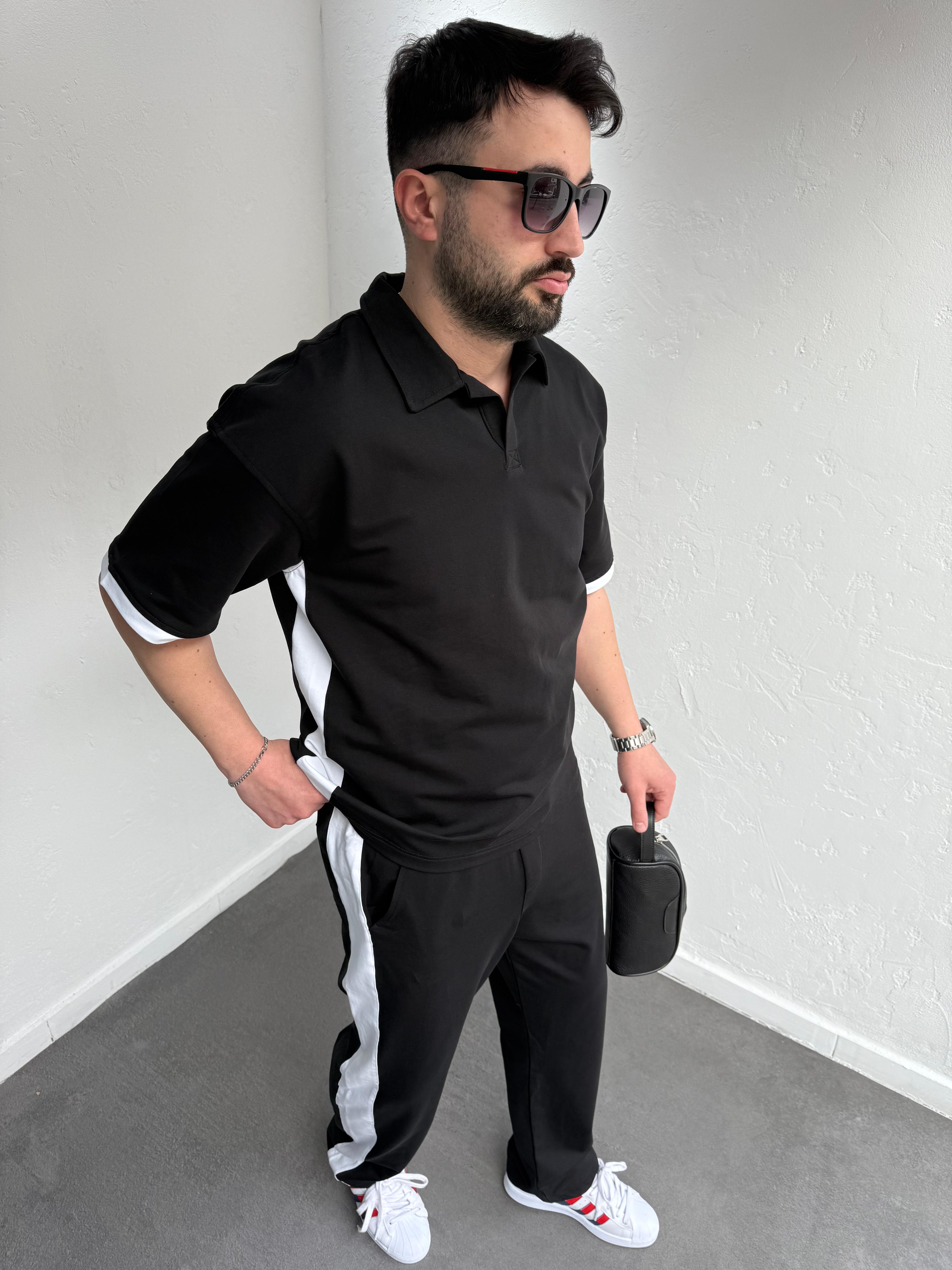 Polo Yaka Lenasso Eşofman Takımı Siyah
