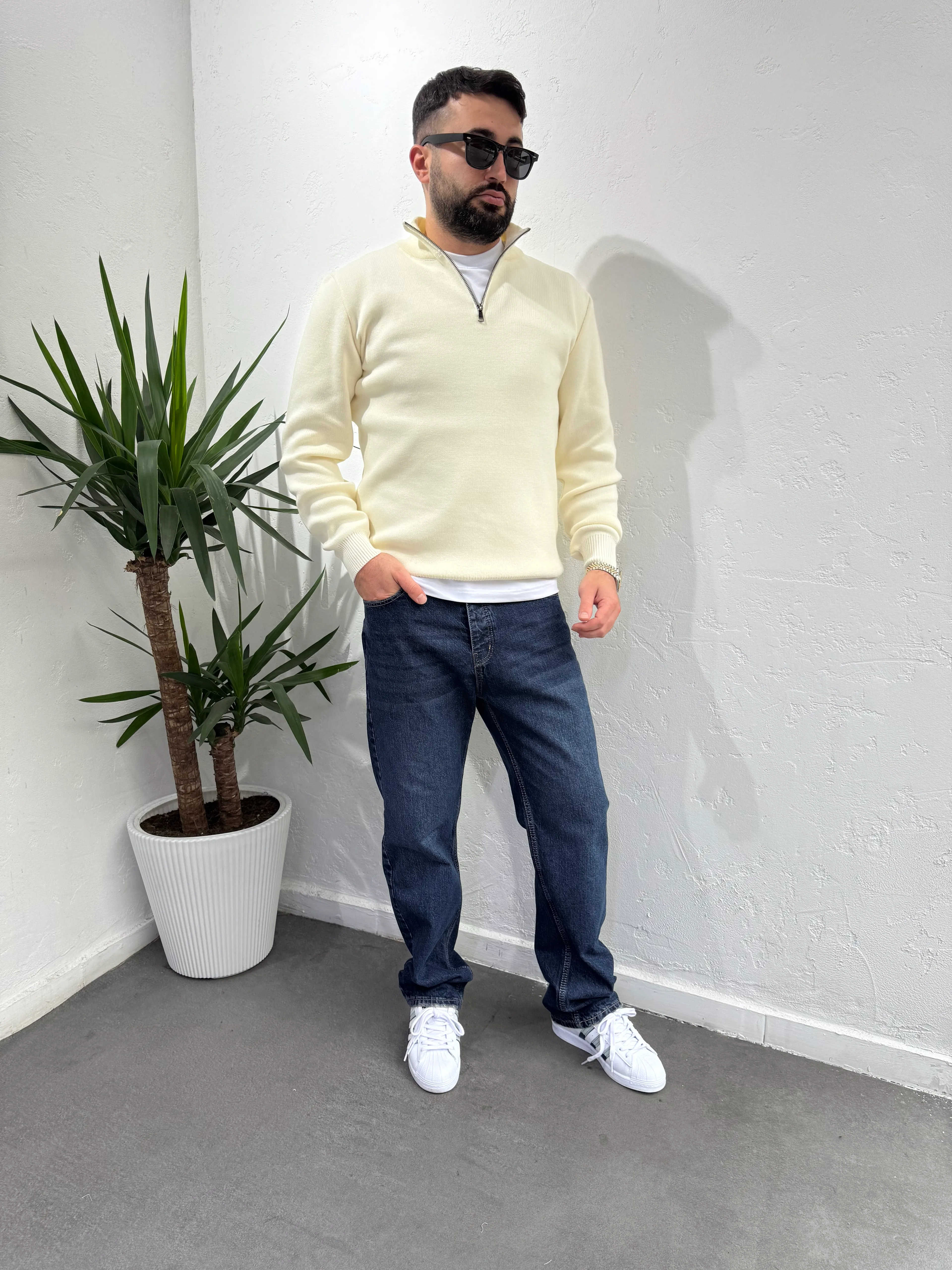 Deep Fermuarlı Yaka Triko Kazak Krem