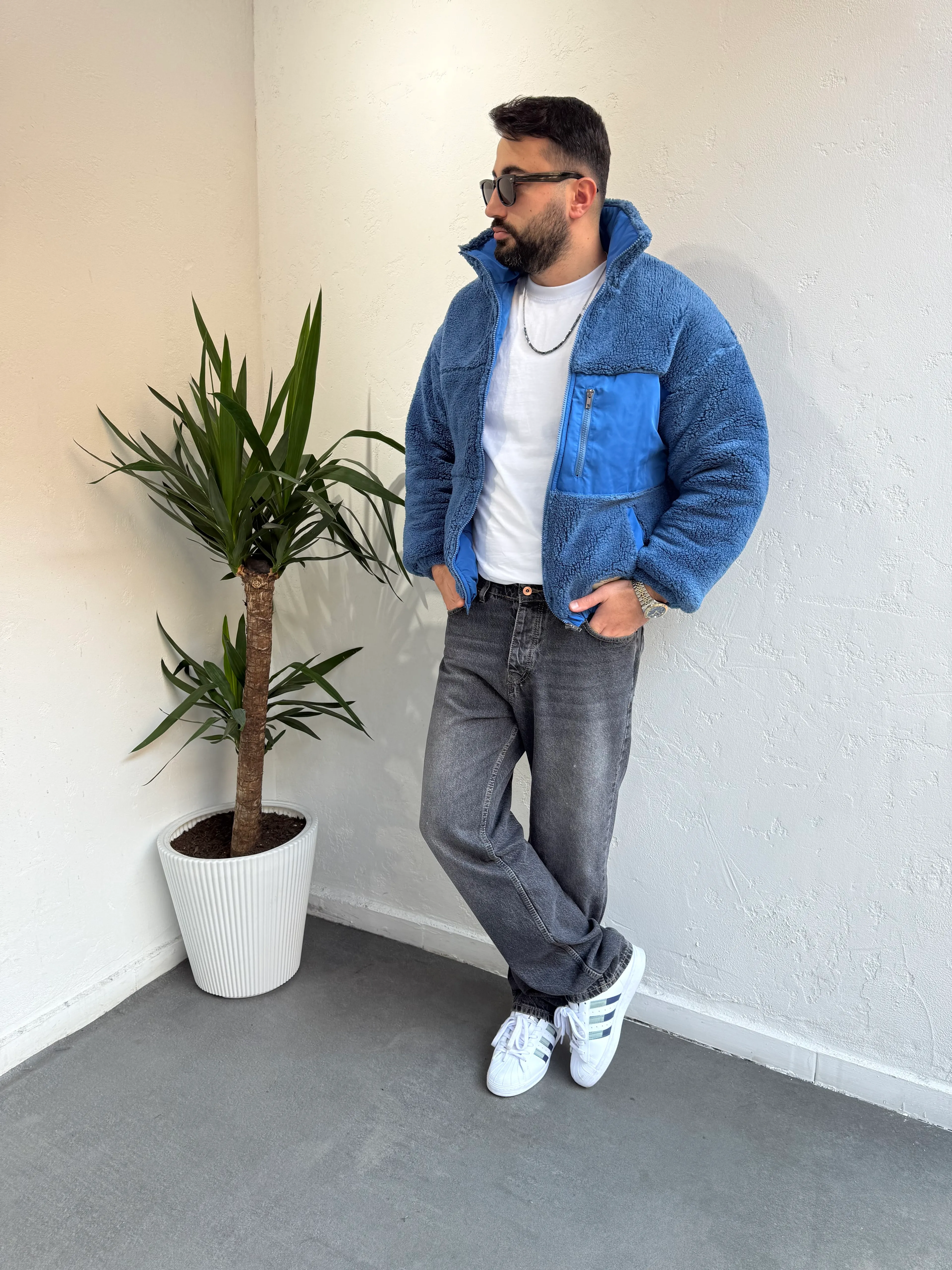 Premuim Paraşüt Cep Detaylı Peluş Mont Mavi