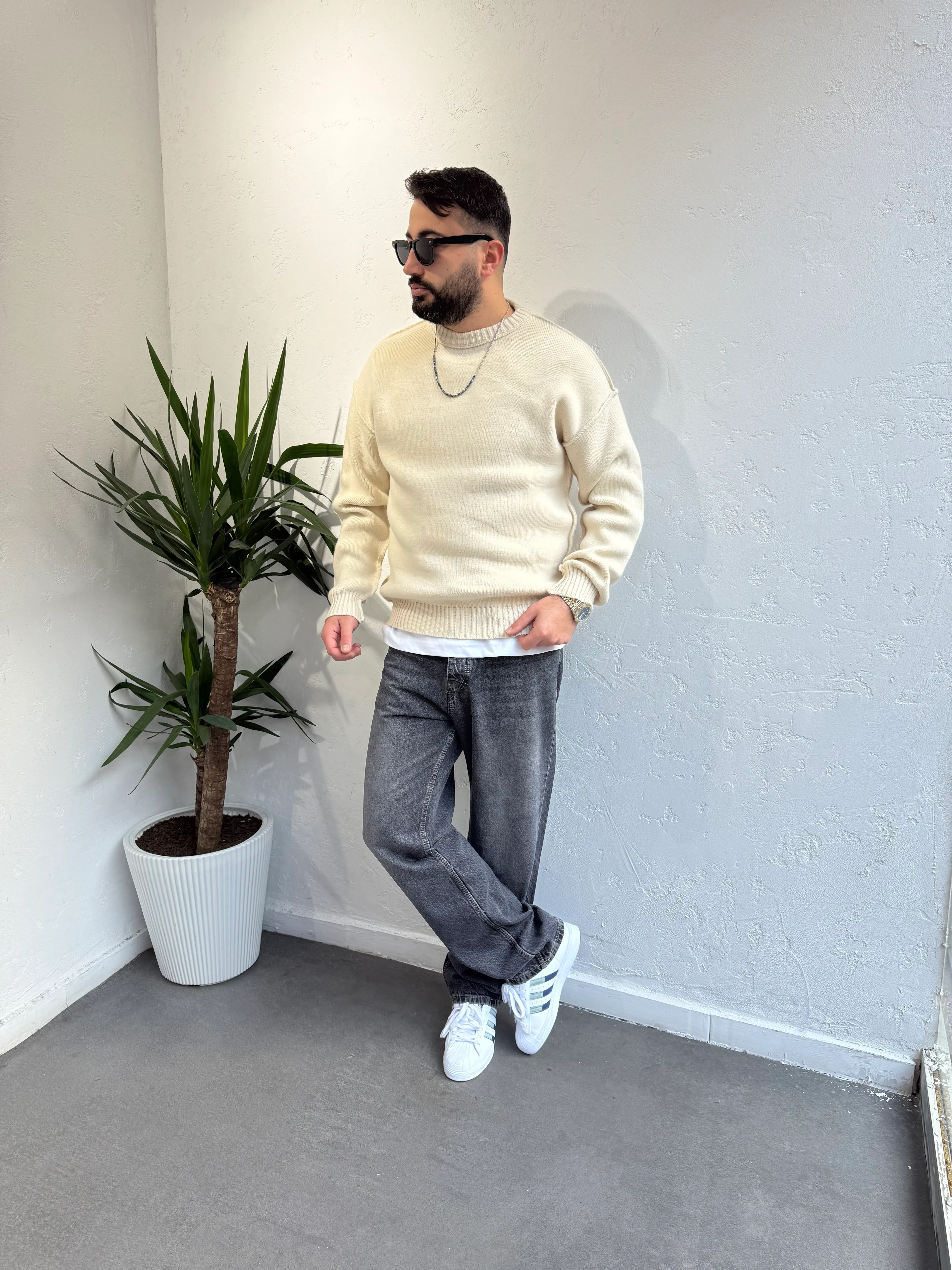 Oversize Triko Kazak Krem