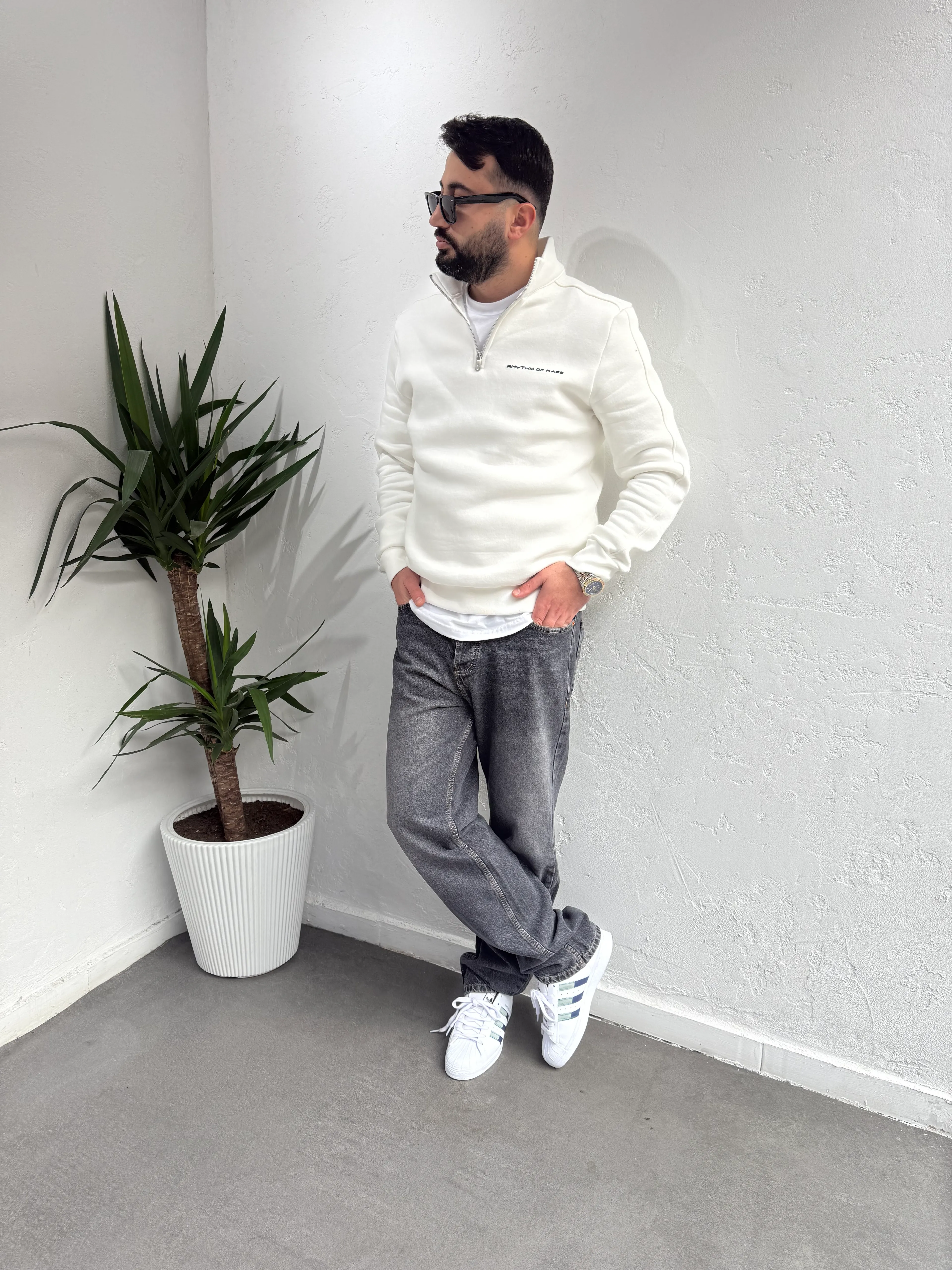 Deep Race Fermuarlı Yaka Sweatshirt Beyaz