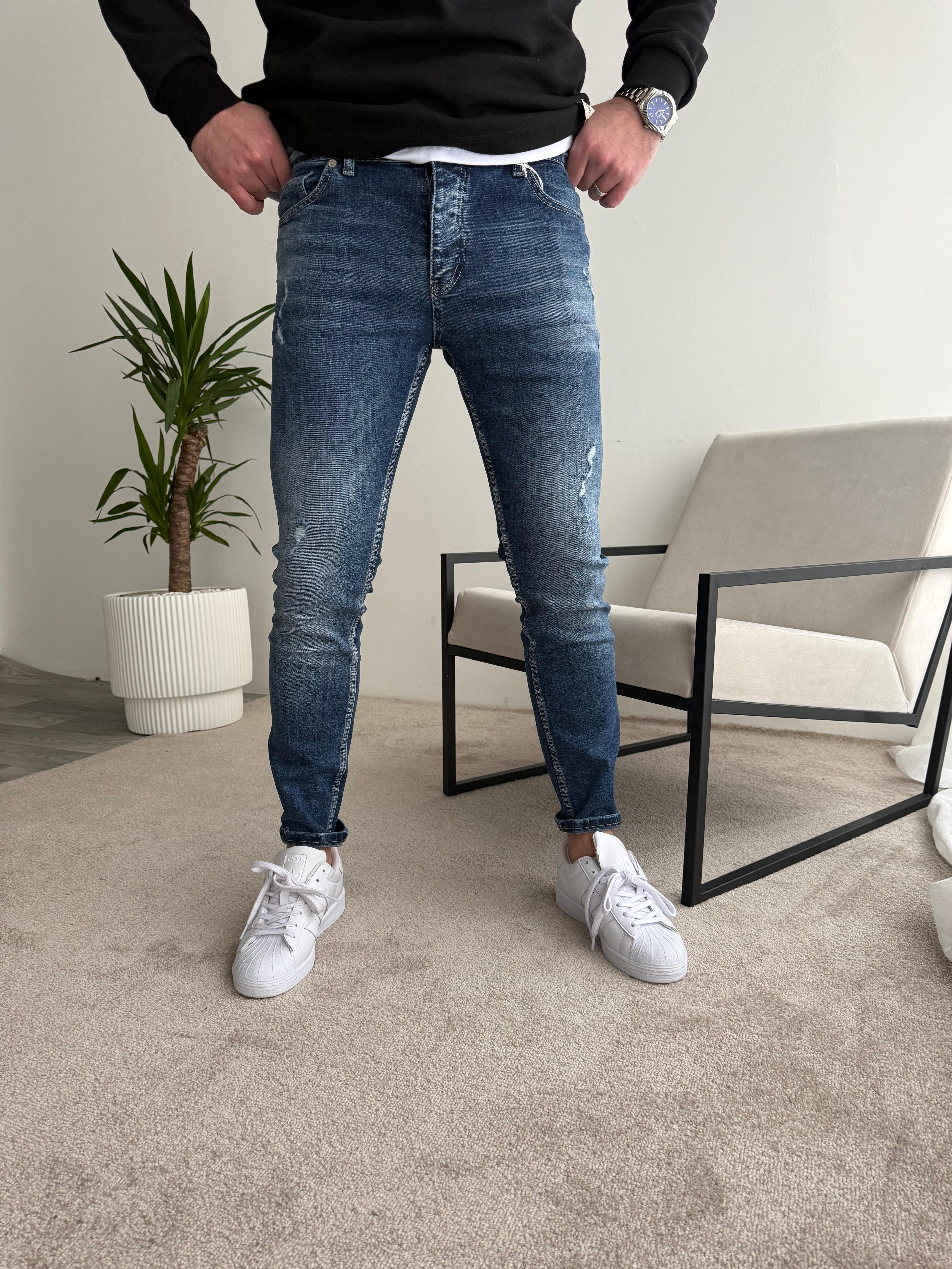 Skinny Kot Yırtık Koyu Mavi