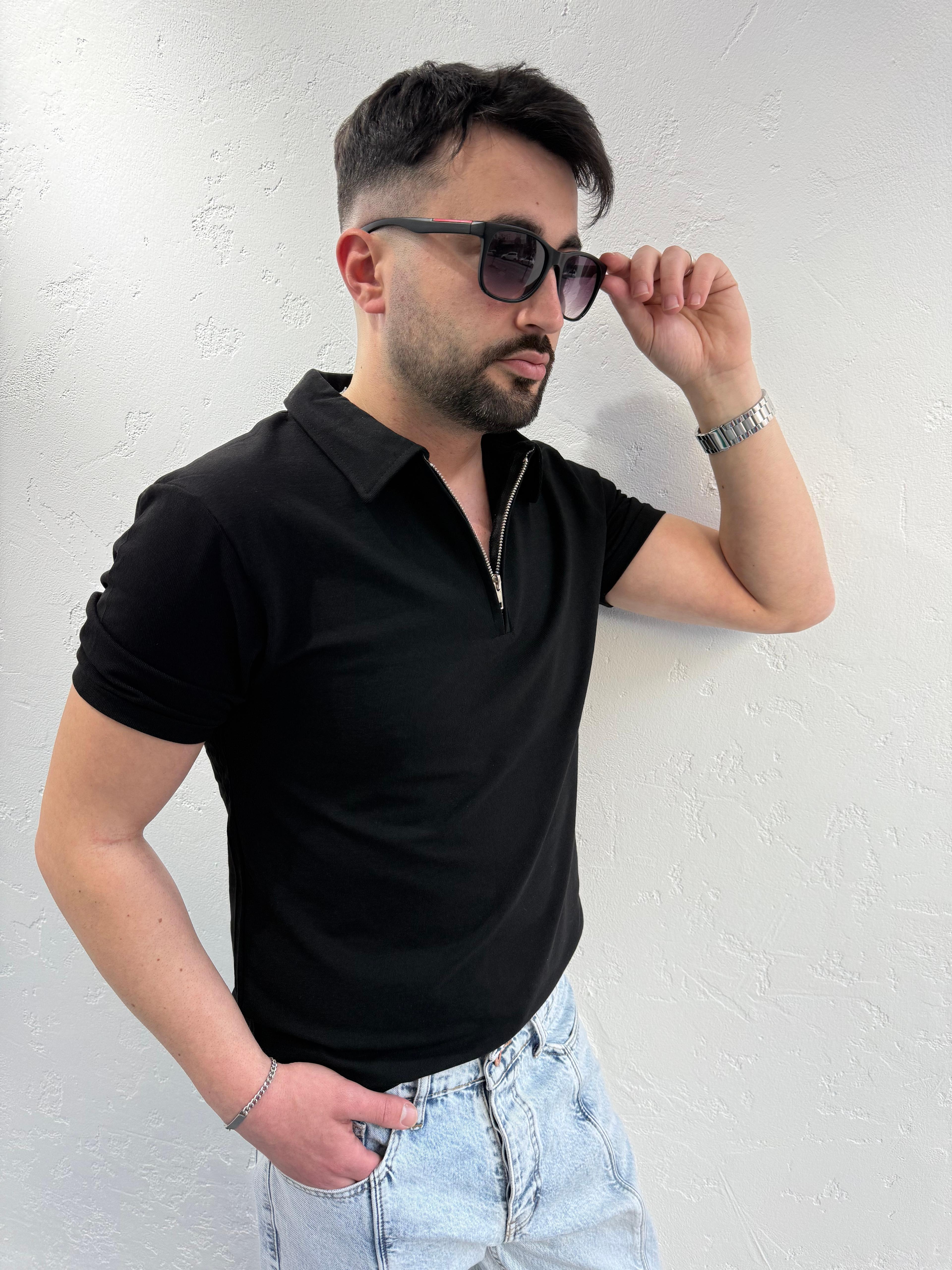 Lenasso Keten Polo Yaka Tshirt Siyah