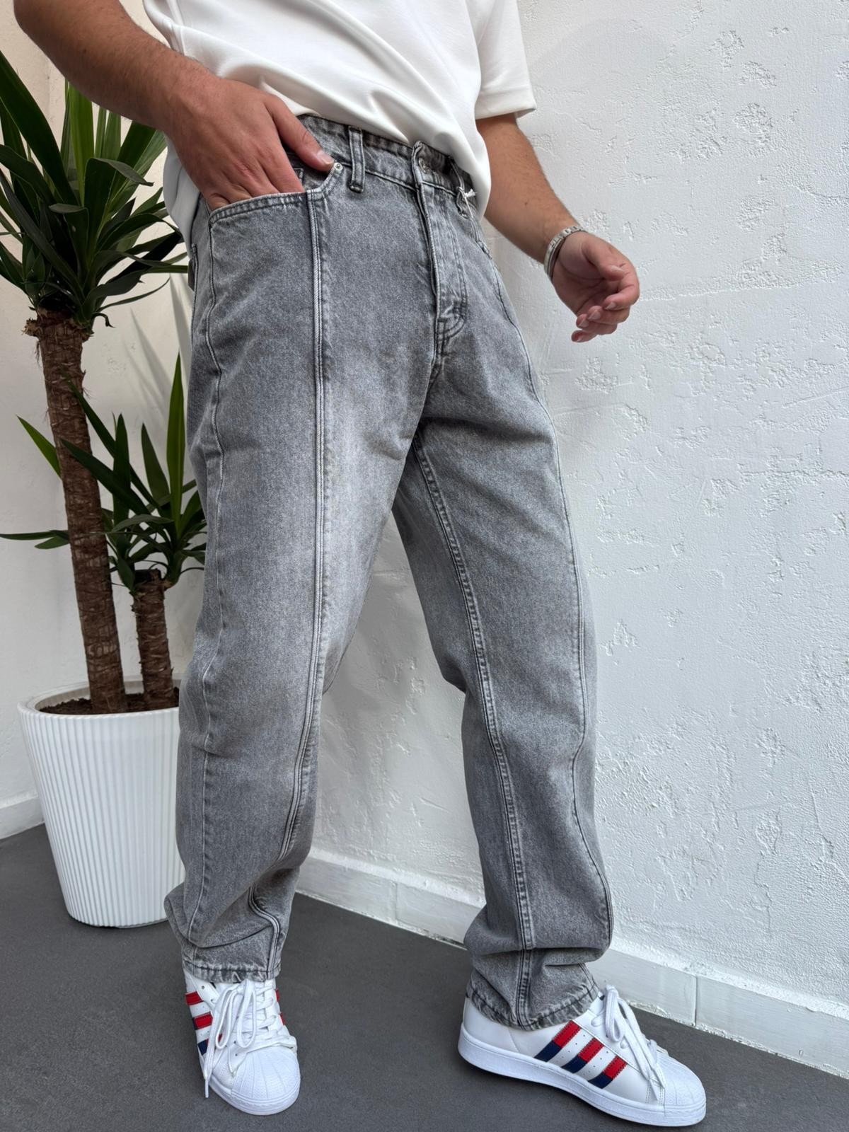 Çizgili Baggy Jeans Gri