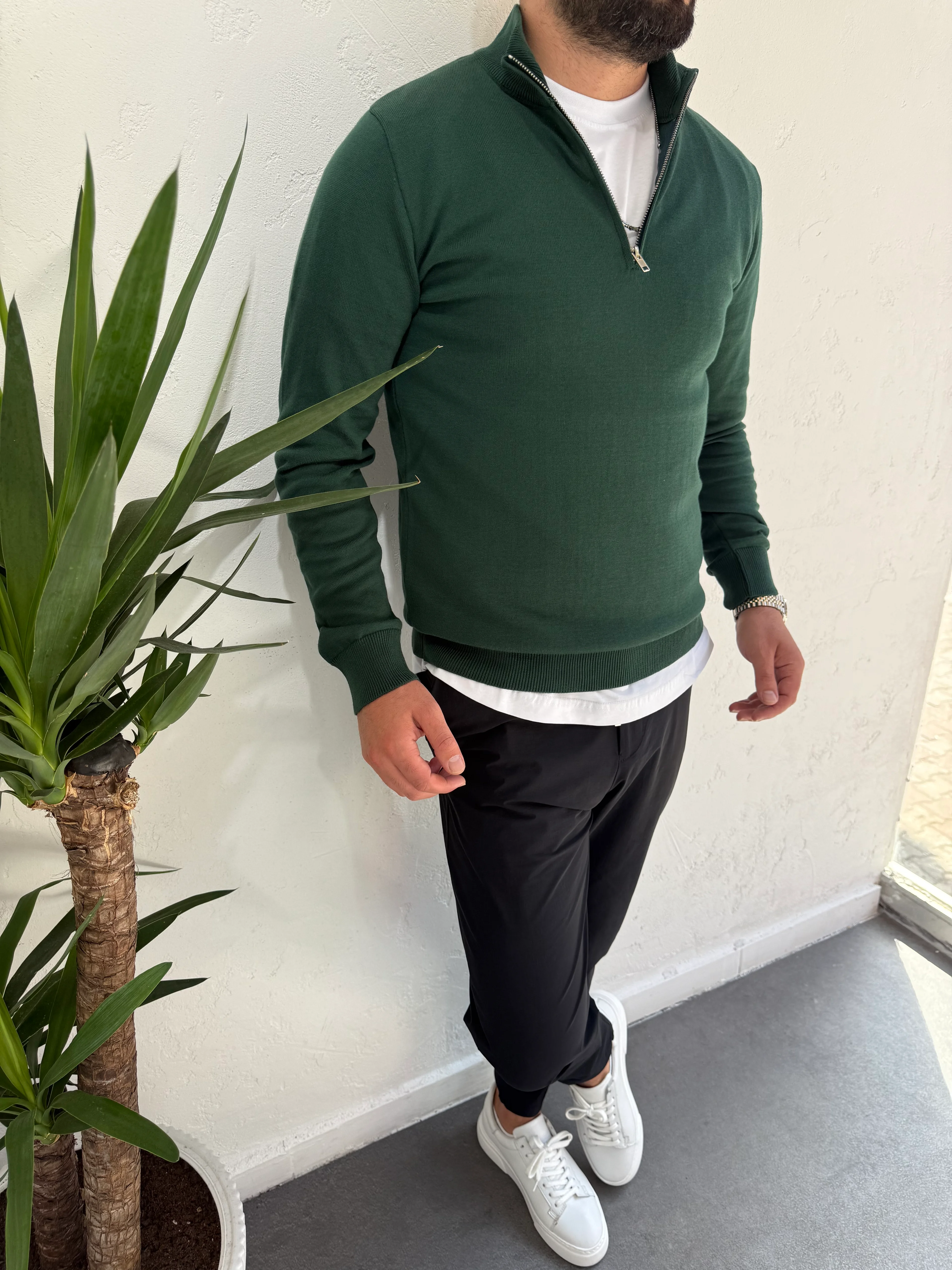   Fermuarlı Yaka Triko Kazak Yeşil