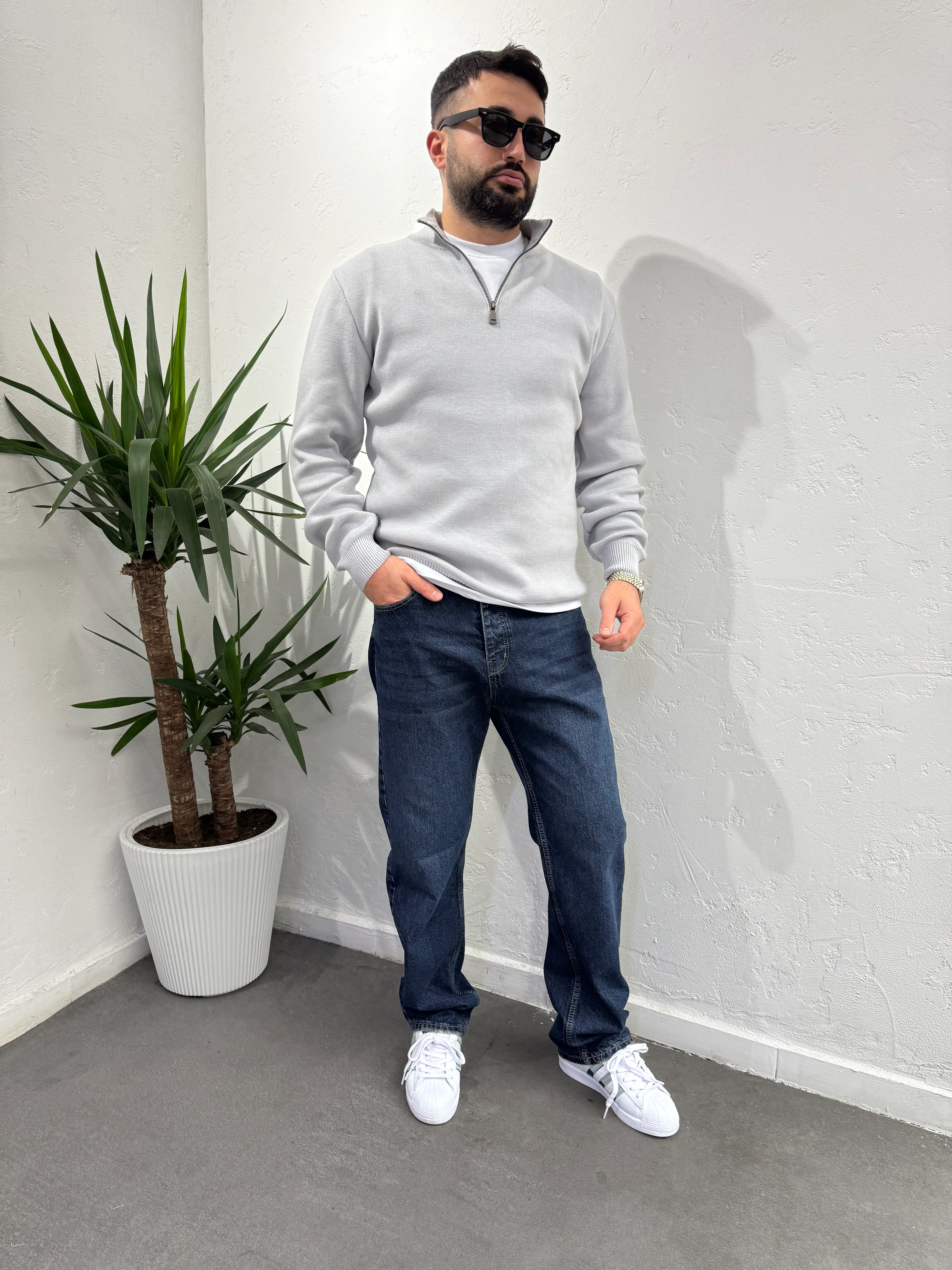 Deep Fermuarlı Yaka Triko Kazak Gri