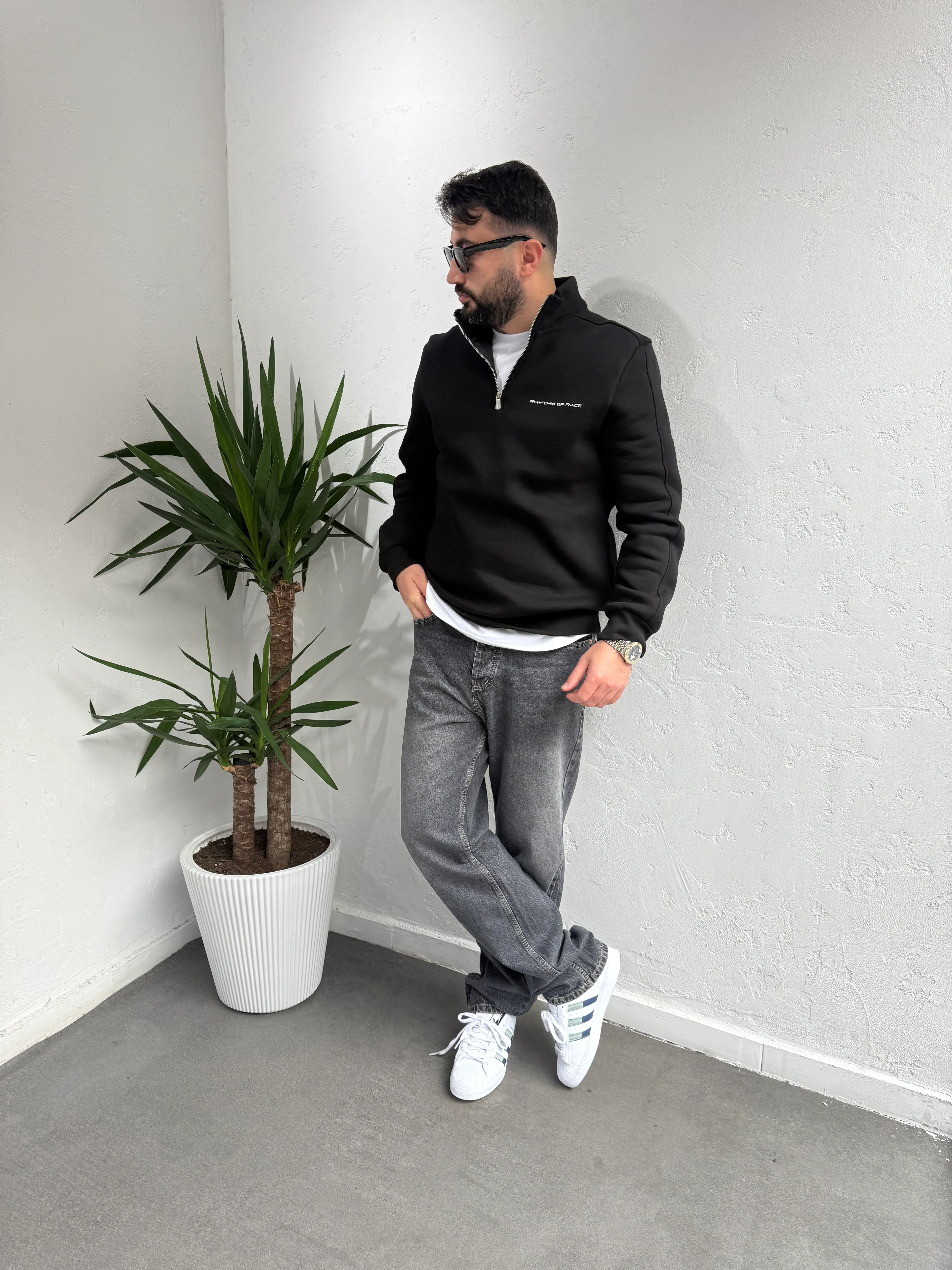 Deep Race Fermuarlı Yaka Sweatshirt Siyah