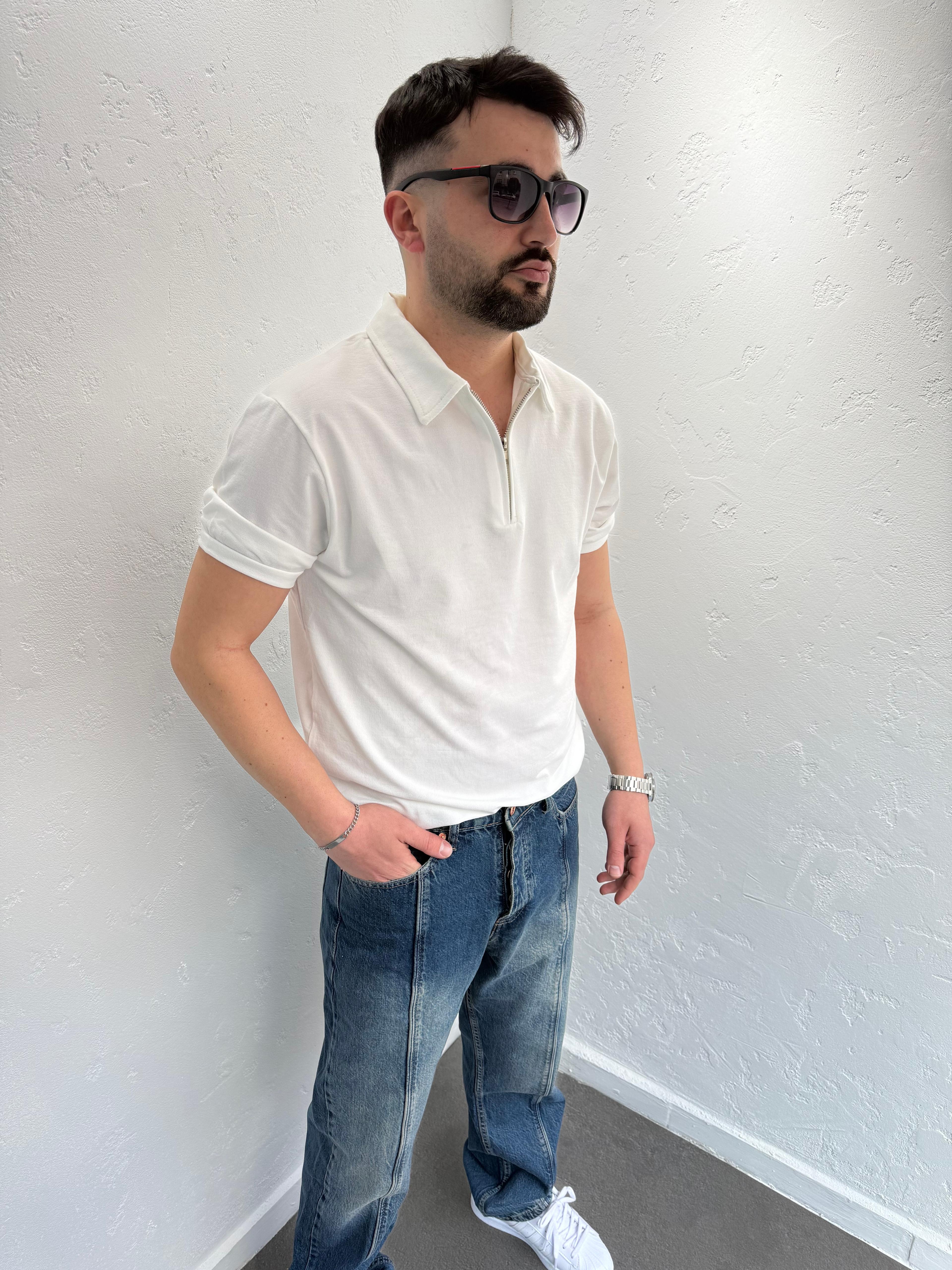 Lenasso Keten Polo Yaka Tshirt Beyaz
