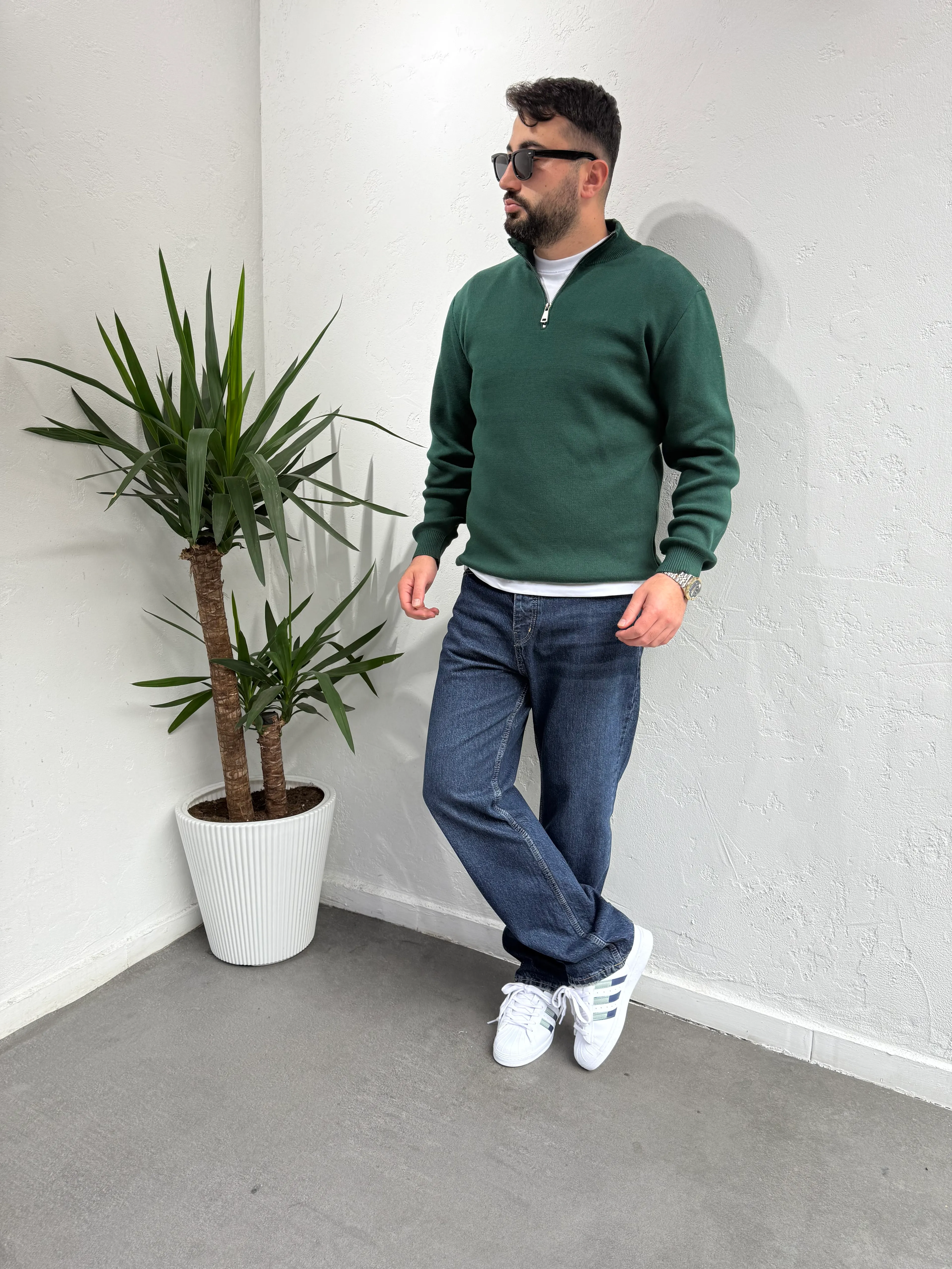 Deep Fermuarlı Yaka Triko Kazak Yeşil