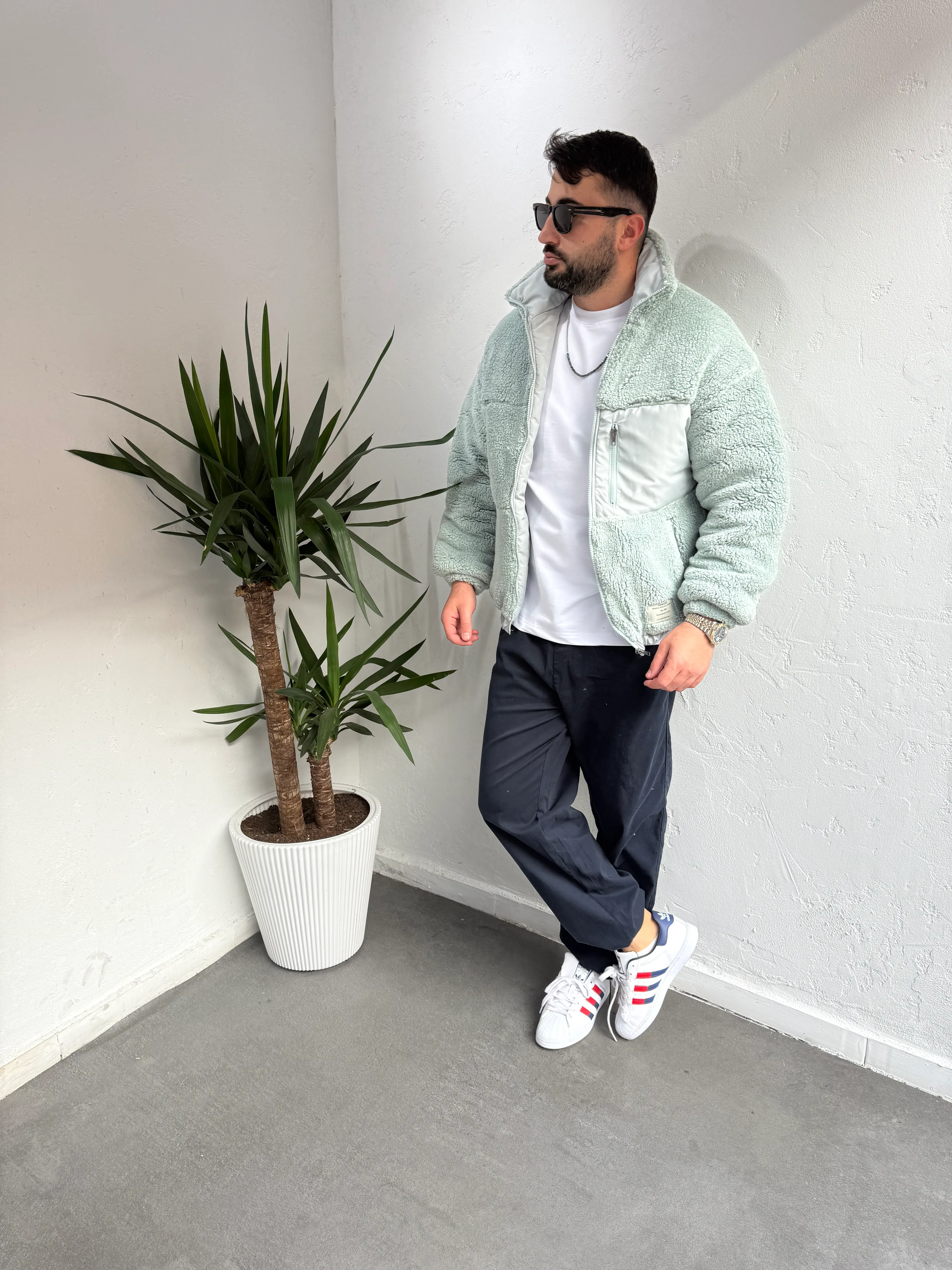 Premuim Paraşüt Cep Detaylı Peluş Mont Su Yeşili