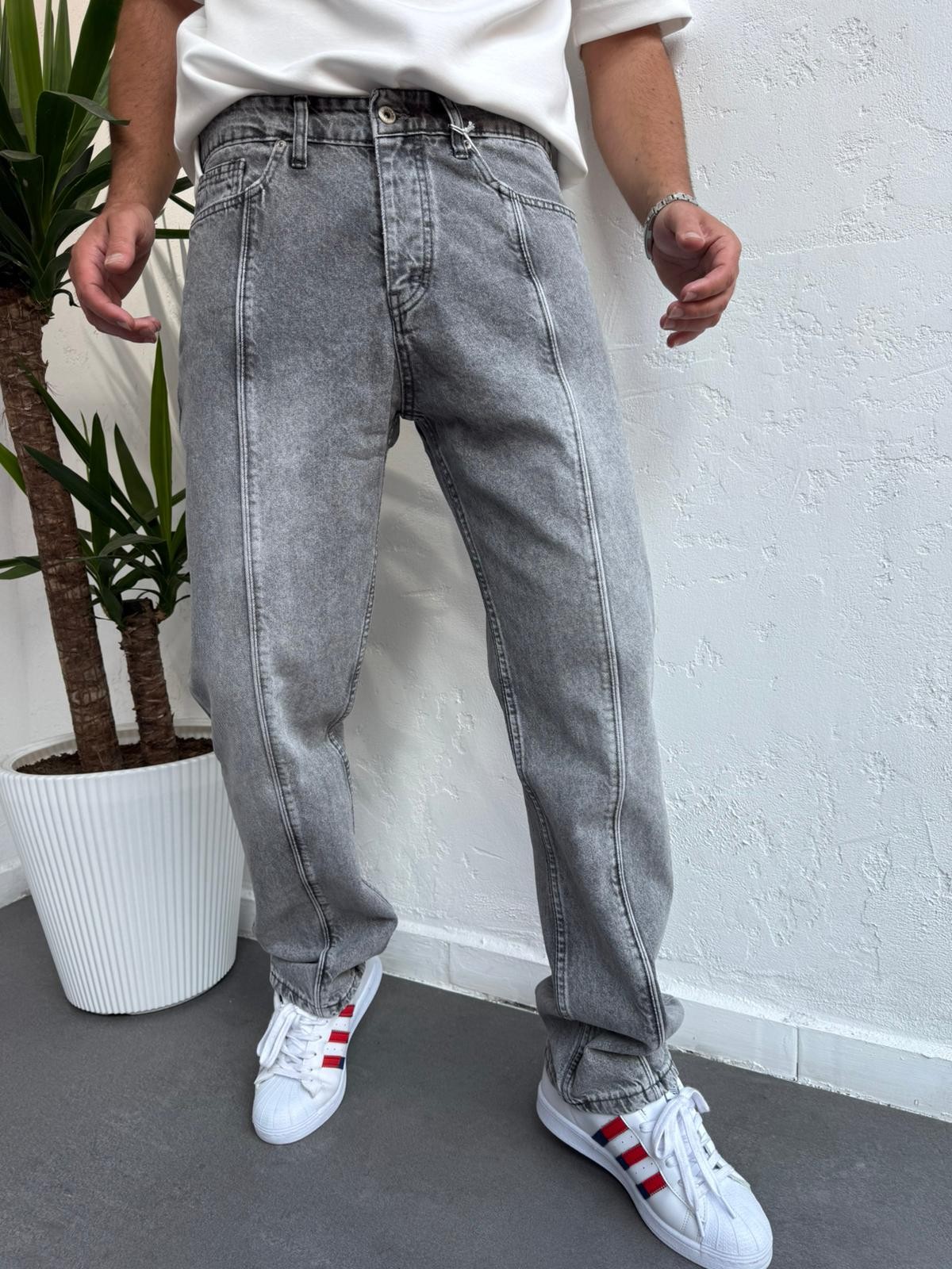 Çizgili Baggy Jeans Gri