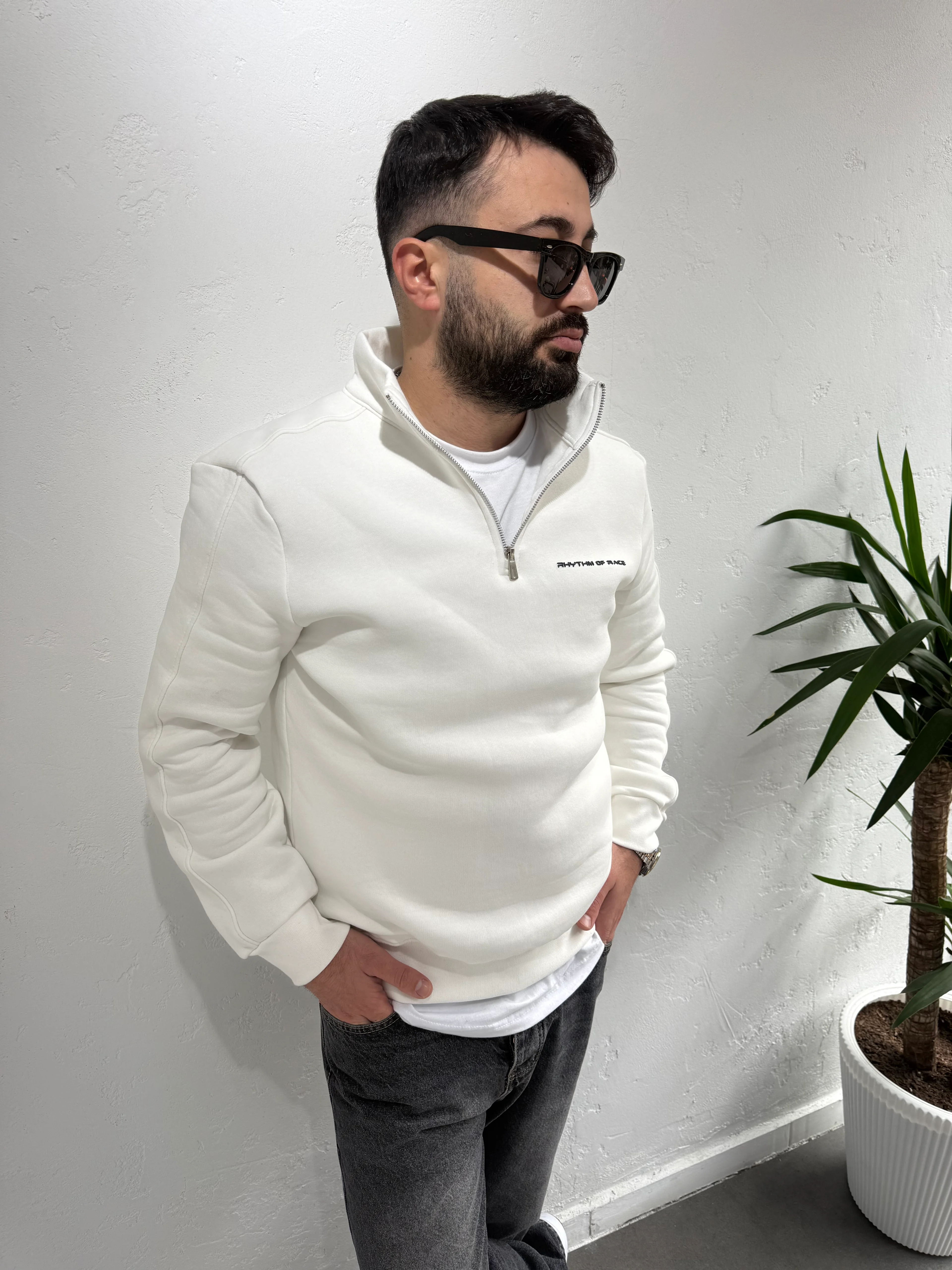 Deep Race Fermuarlı Yaka Sweatshirt Beyaz