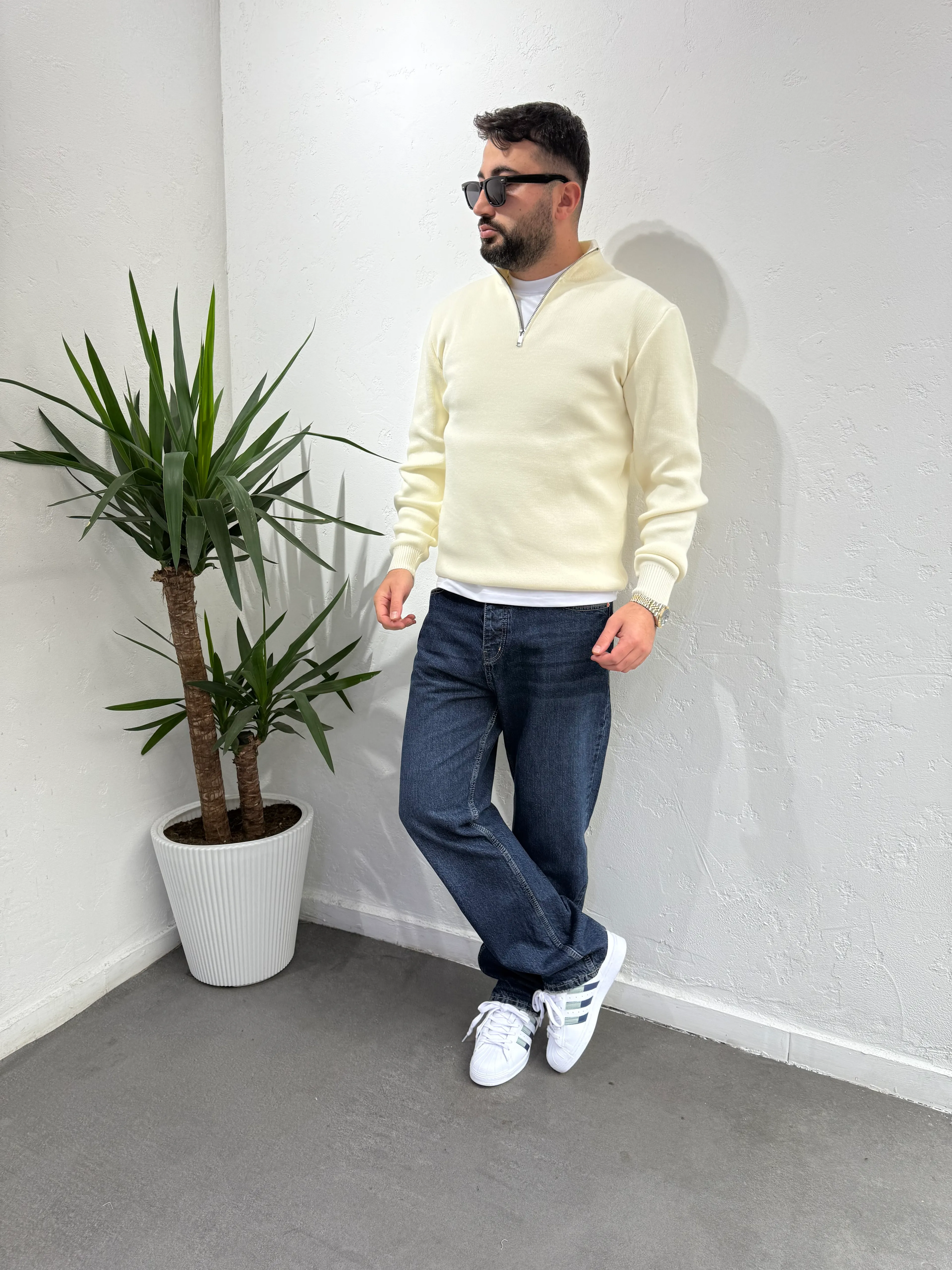 Deep Fermuarlı Yaka Triko Kazak Krem