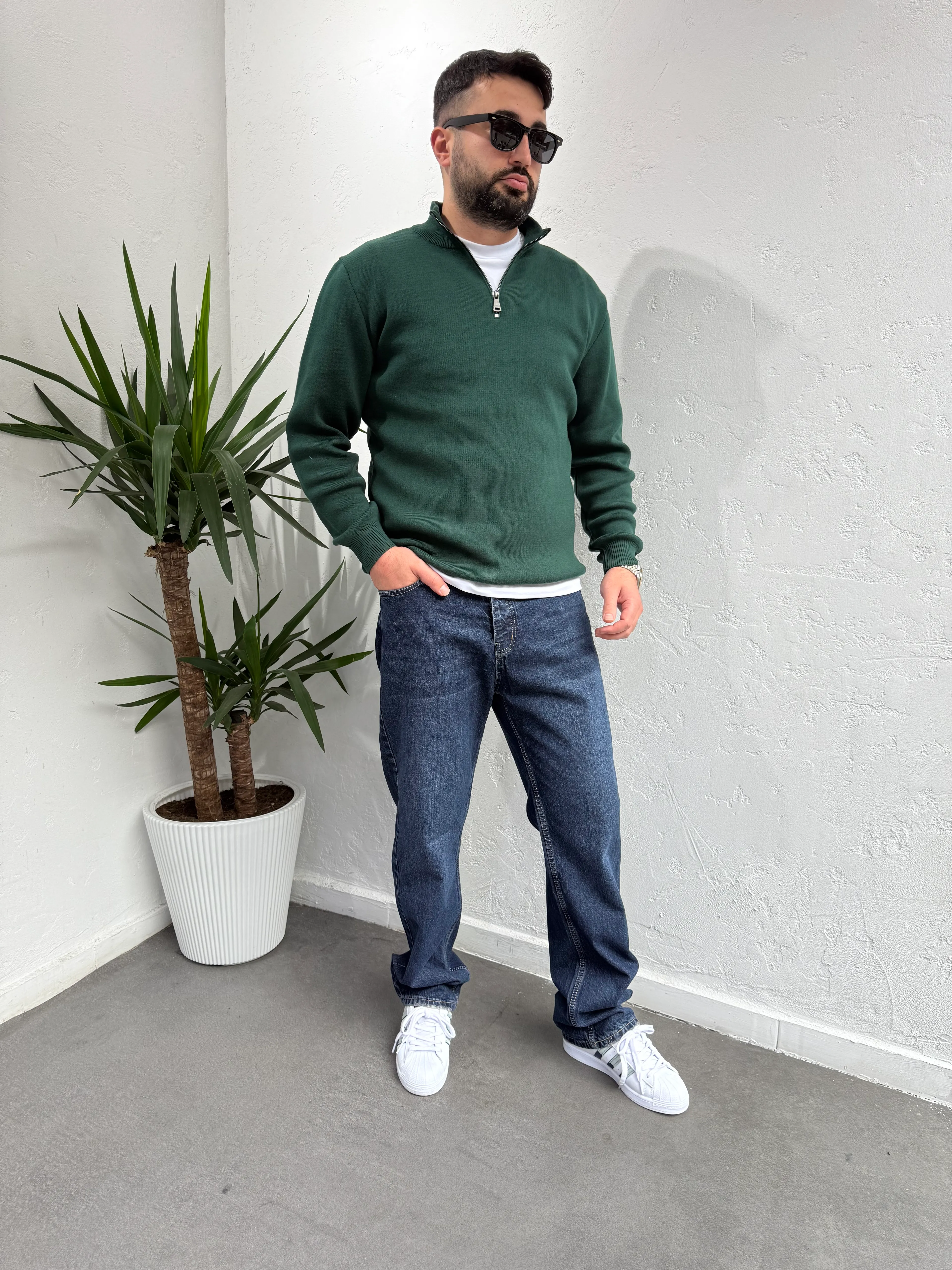 Deep Fermuarlı Yaka Triko Kazak Yeşil