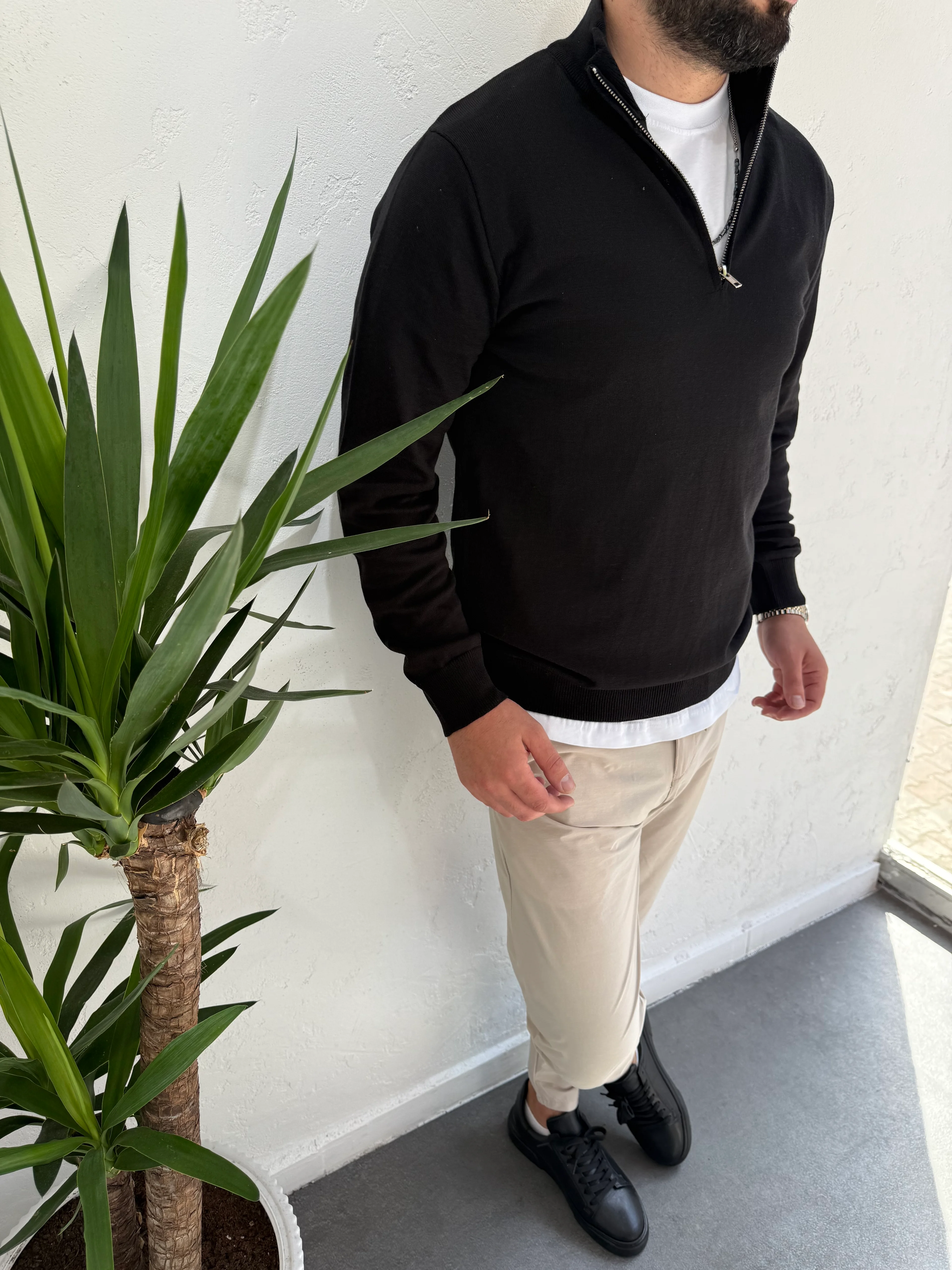 Fermuarlı Yaka Triko Kazak Siyah