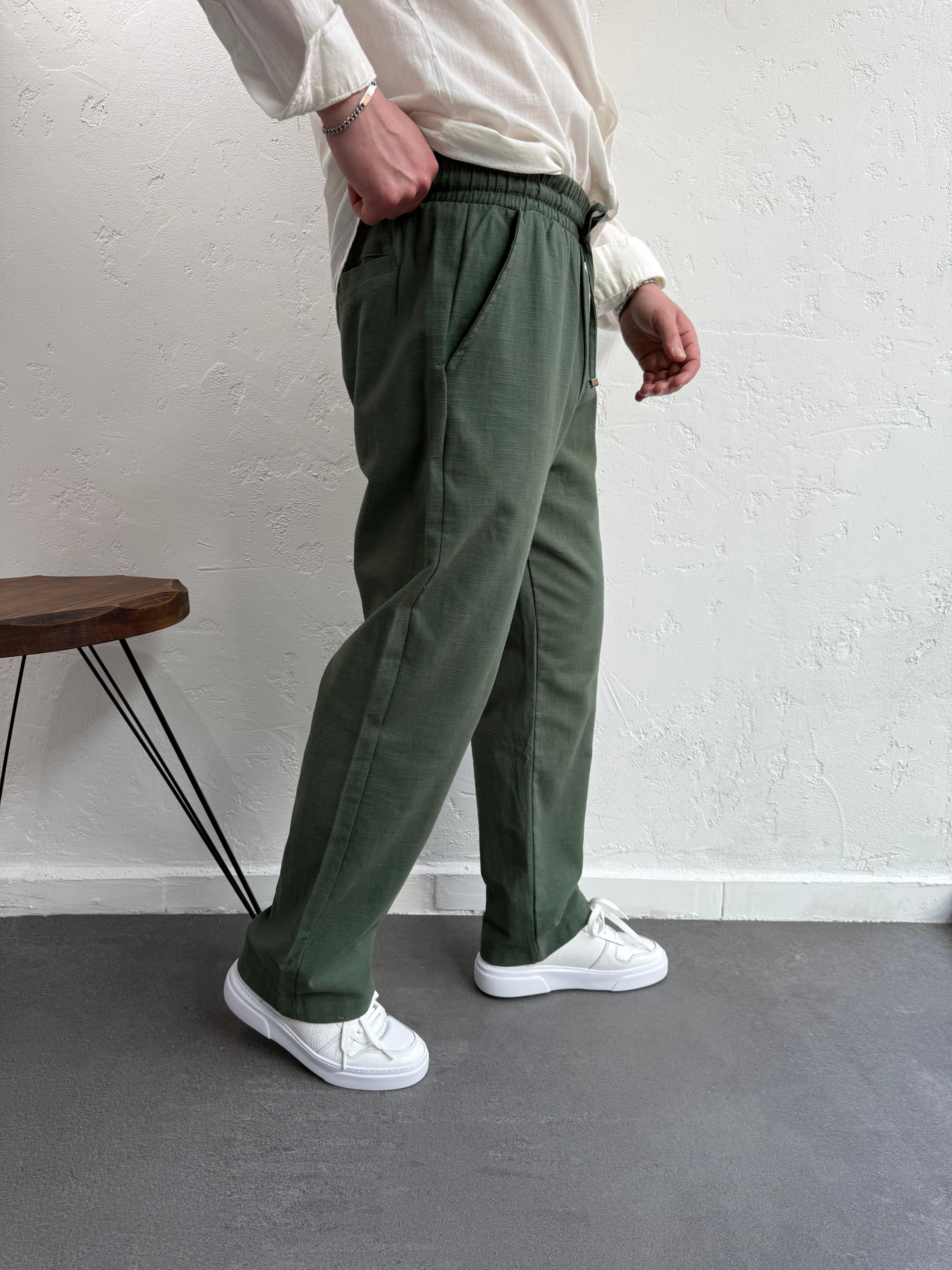 Lenasso Keten Baggy Pantolon Haki