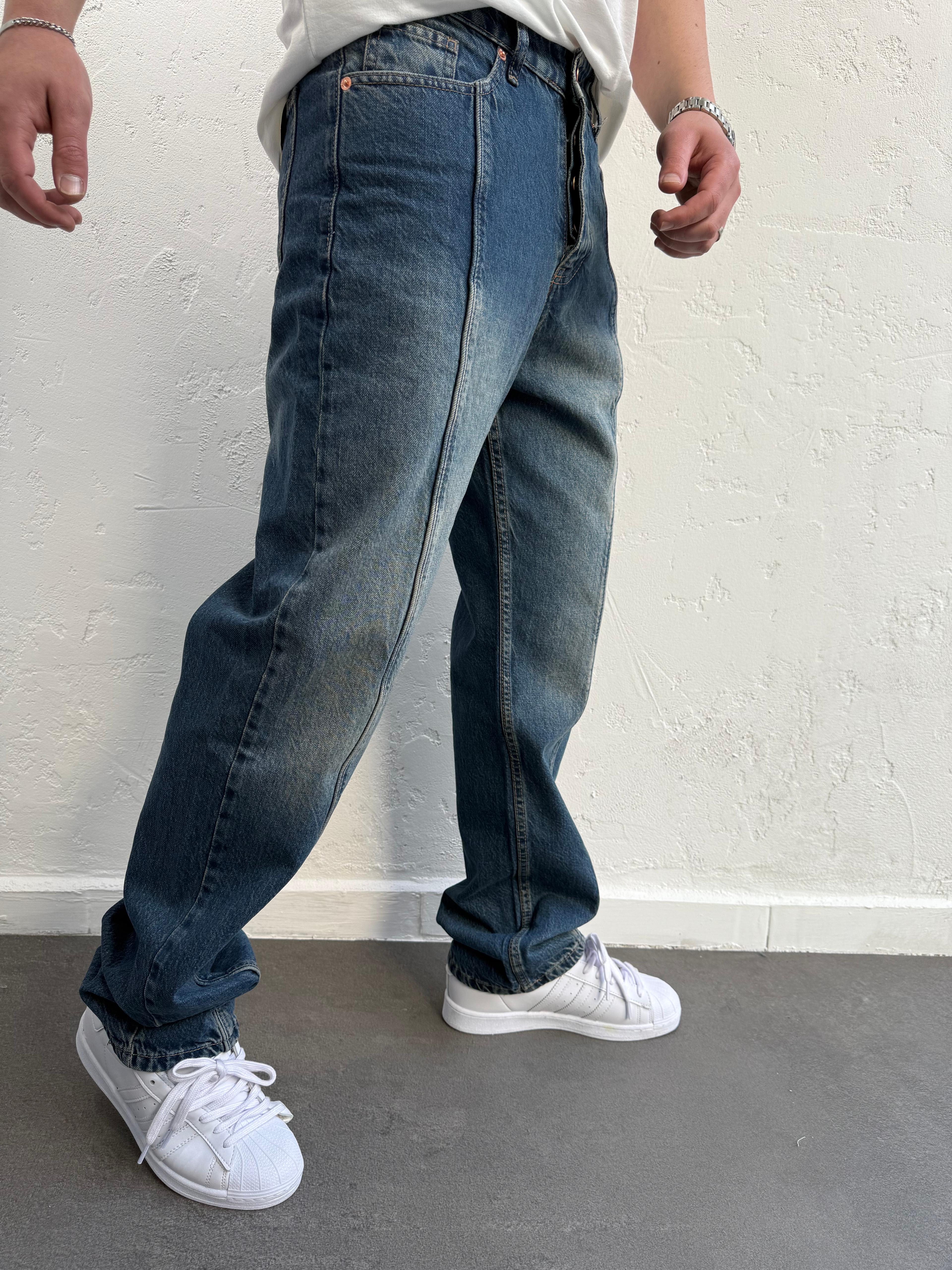 Çizgili Baggy Jeans Kirli Mavi