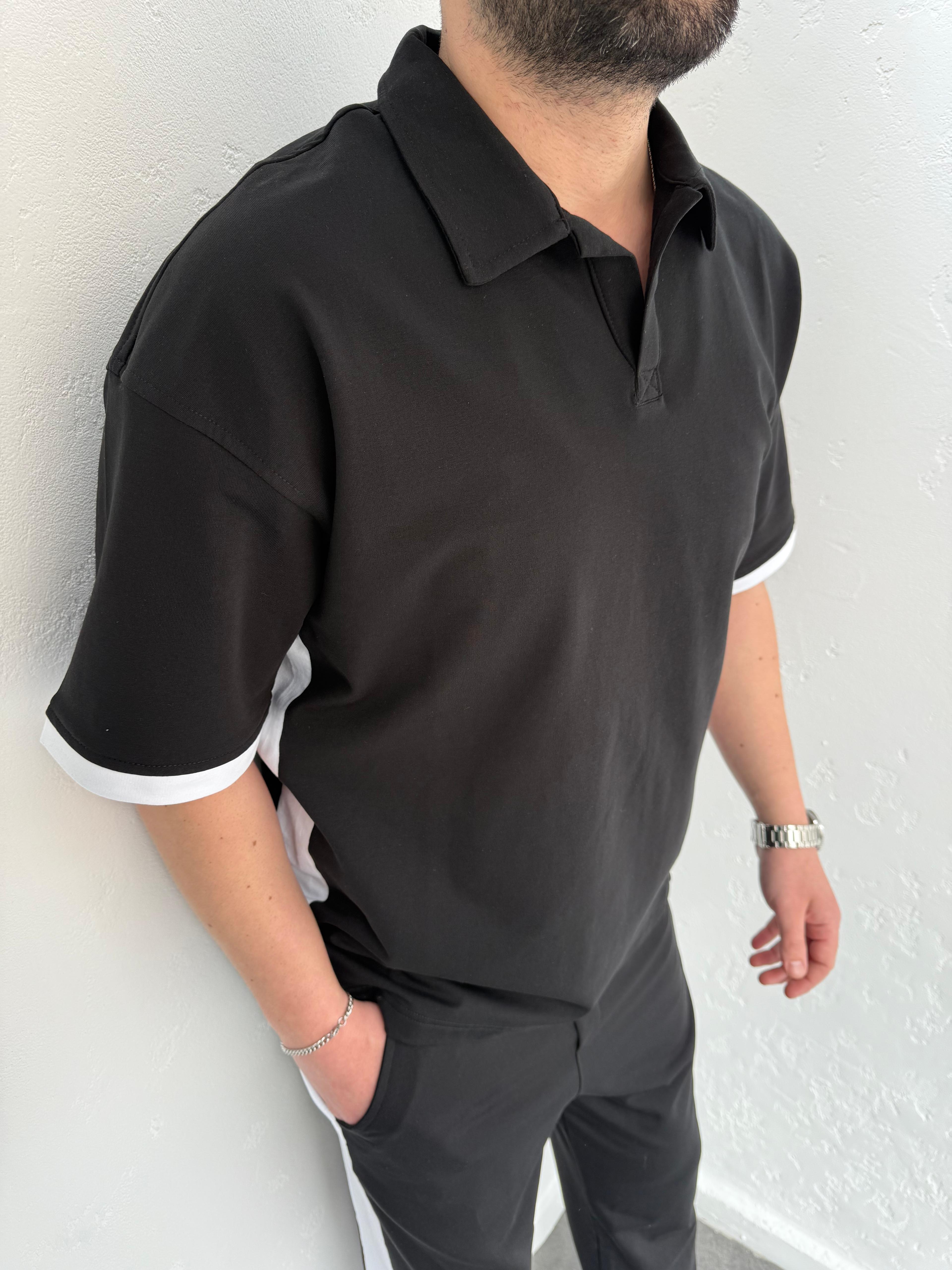 Polo Yaka Lenasso Eşofman Takımı Siyah