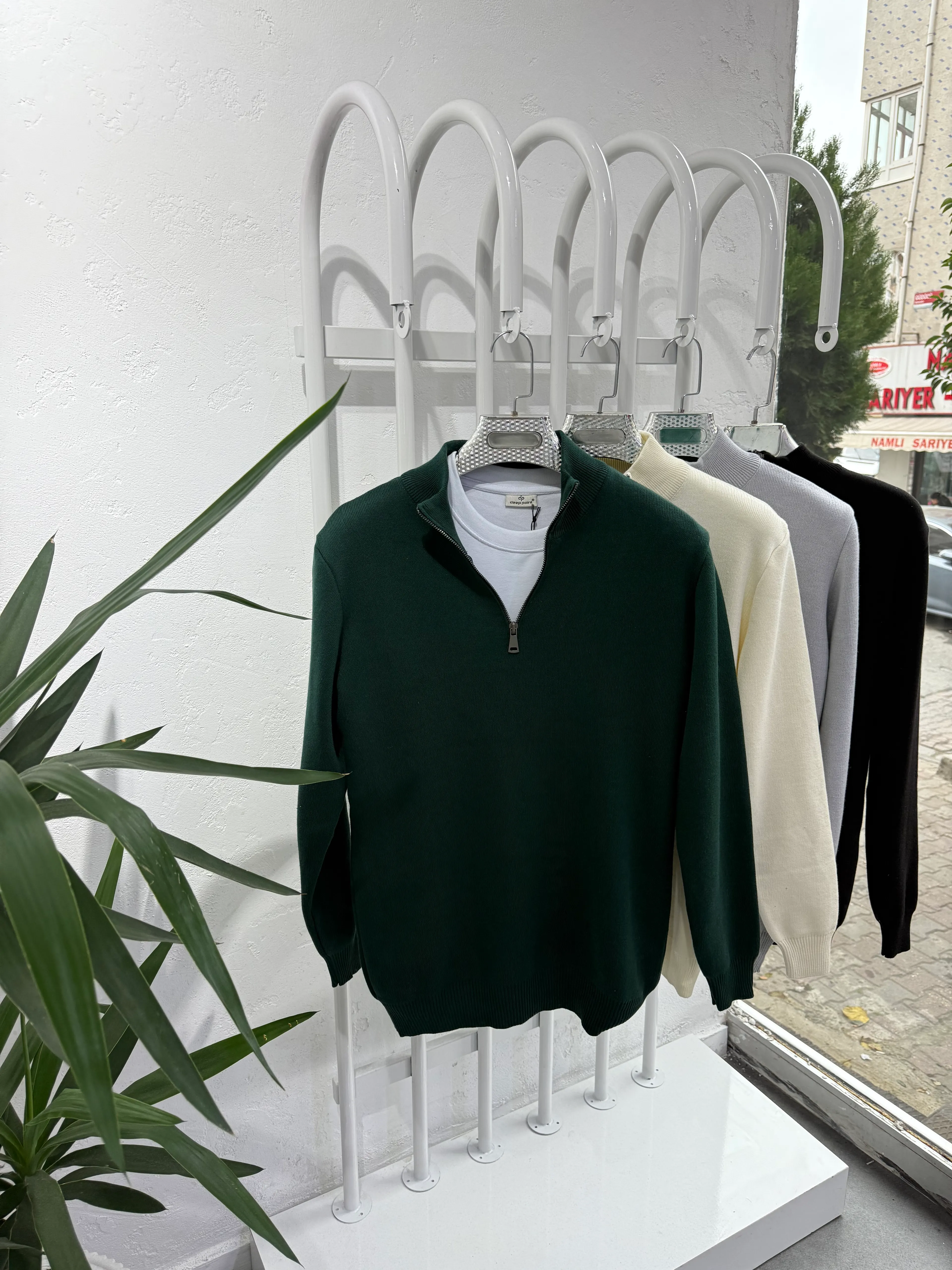 Deep Fermuarlı Yaka Triko Kazak Yeşil