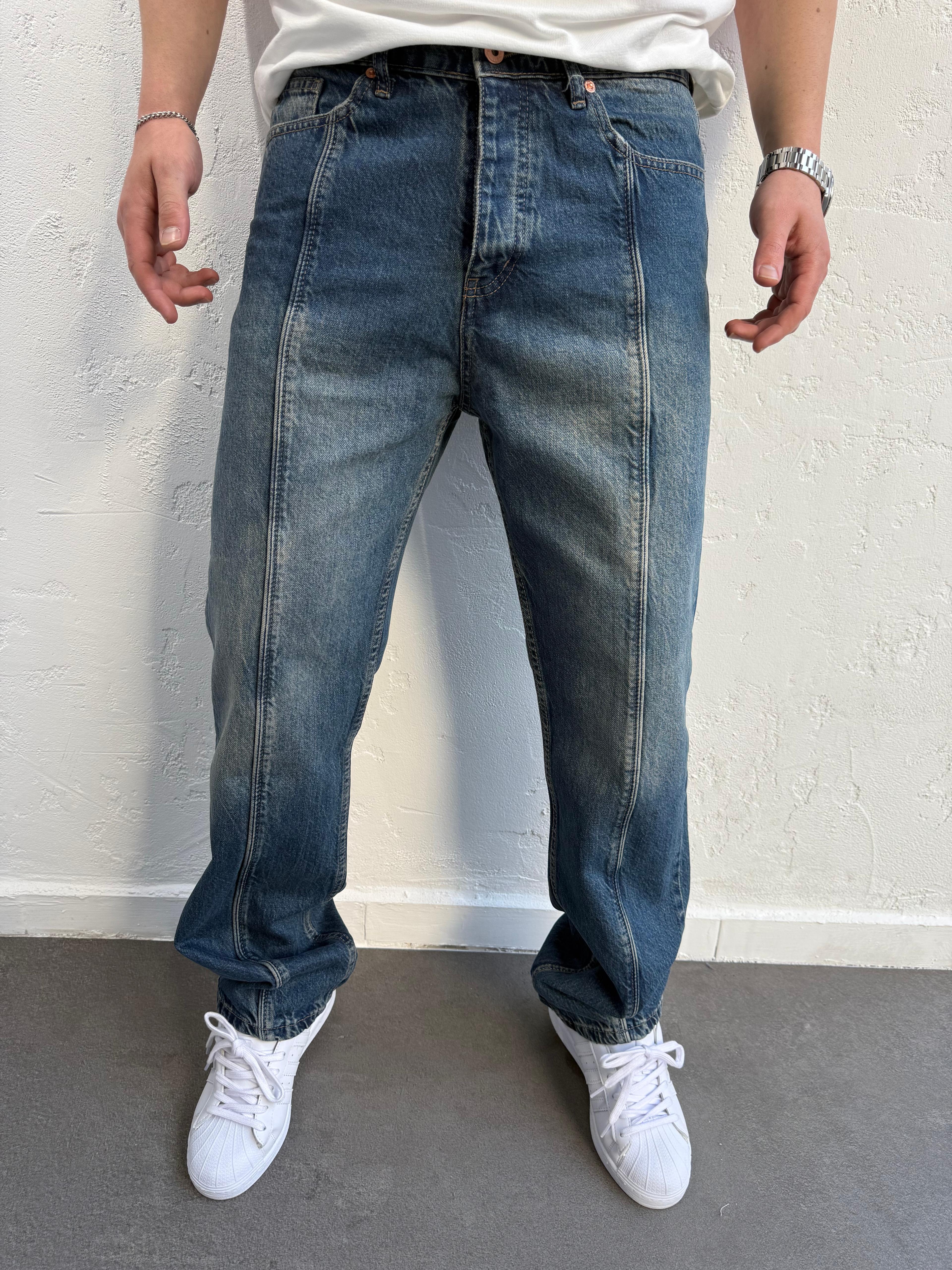 Çizgili Baggy Jeans Kirli Mavi